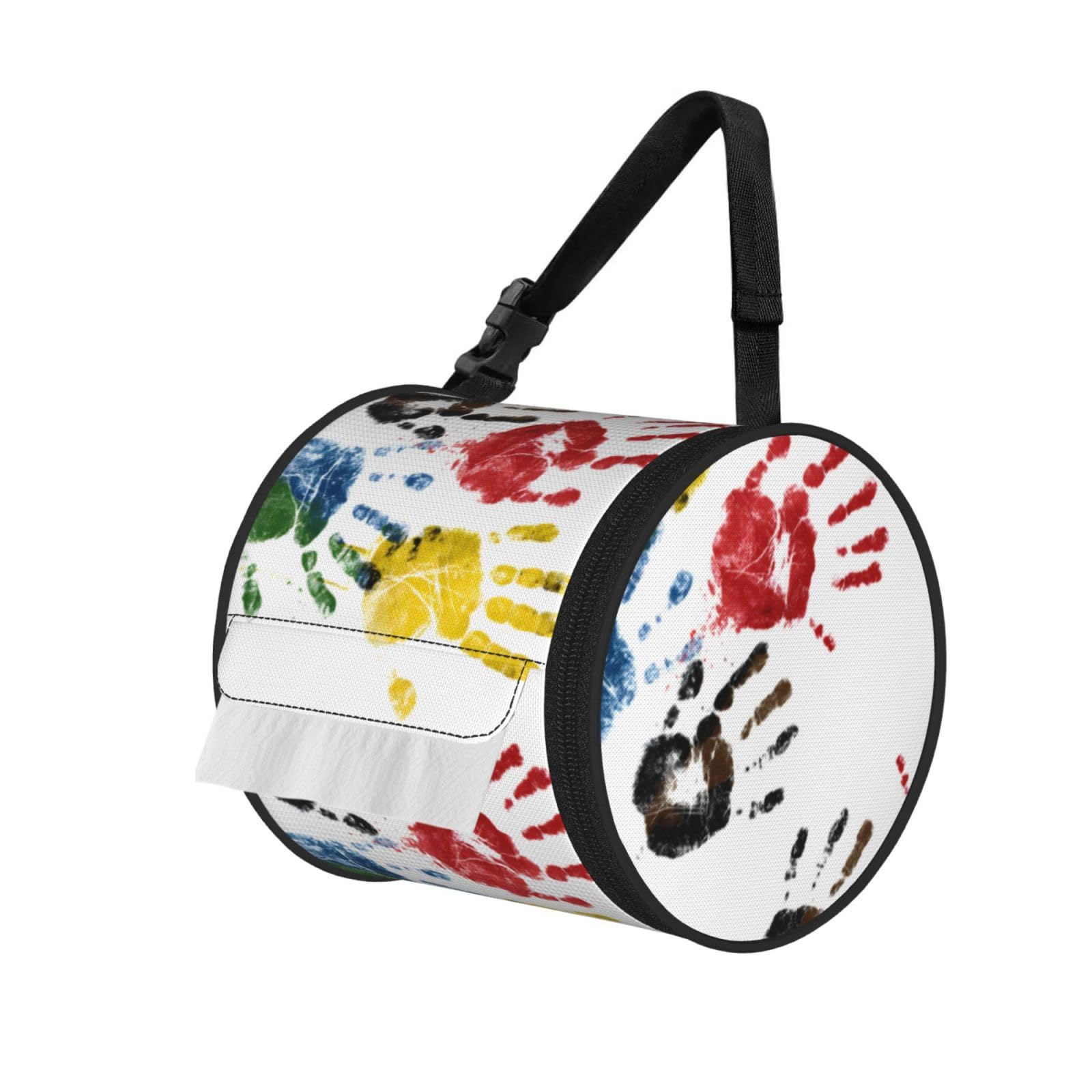 Handprints Printed Cylindrical Tissue Bag Portable Oxford Cloth, Foldable Travel Tissue Holder With Zipper And Adjustable Belt