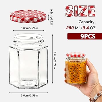 9 Pack 280ml Glass Jam Jars with Red Gingham Lid Air Tight Pickling Jars | Small Hexagonal Storage Jars with Stickers and Pens, Glass Jam Jars with Lids, Preserve Jar for Marmalade, Chutney, Seasoning