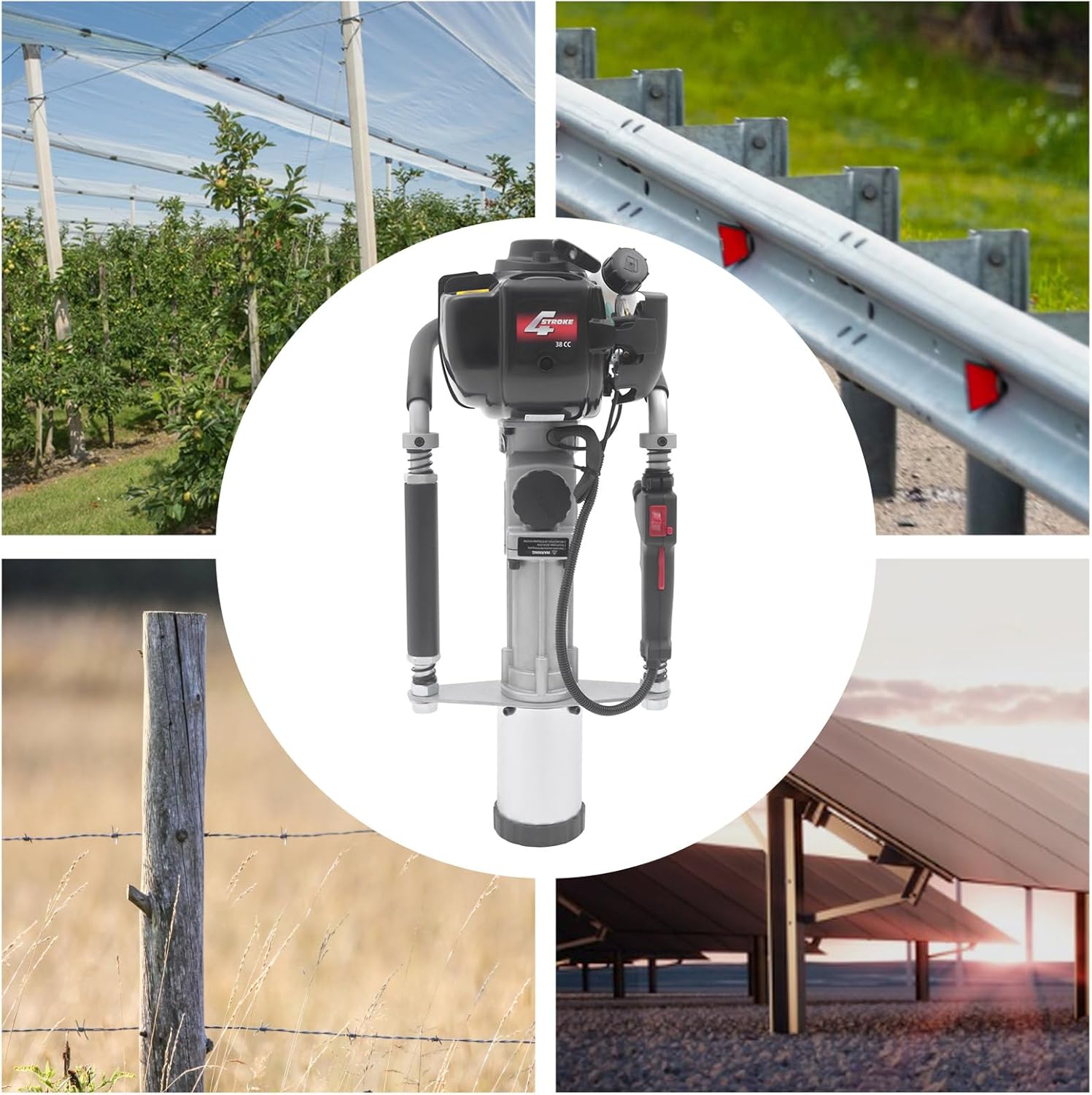37.7CC Gas Powered T Post Driver 4 Stroke Pile Driver Hammer Fence Post Driver Gas Piledriver Gasoline Powered T-Post Driver Gas Post Driver Single Cylinder Air-Cooling Engine with Two Pile Heads