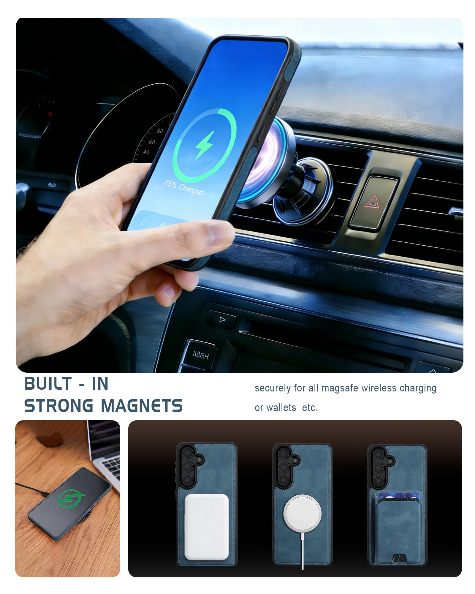 Funda magnética desmontable para Samsung Galaxy S26 con soporte, 2 en 1 compatible con MagSafe con tarjetero con bloqueo RFID, funda delgada de piel sintética vintage azul