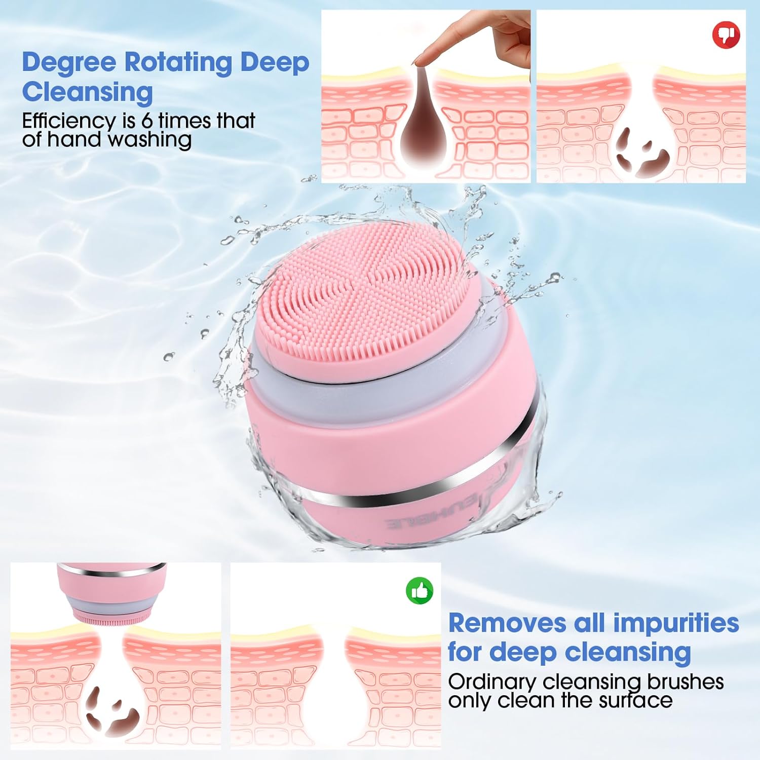Electric Facial Cleaner with 6 Modes & 3 Light Effects, Rechargeable Waterproof Face Scrubber for Women and Men, Includes Extra Brush Head, Easy-Clean Hanging Design (Pink)