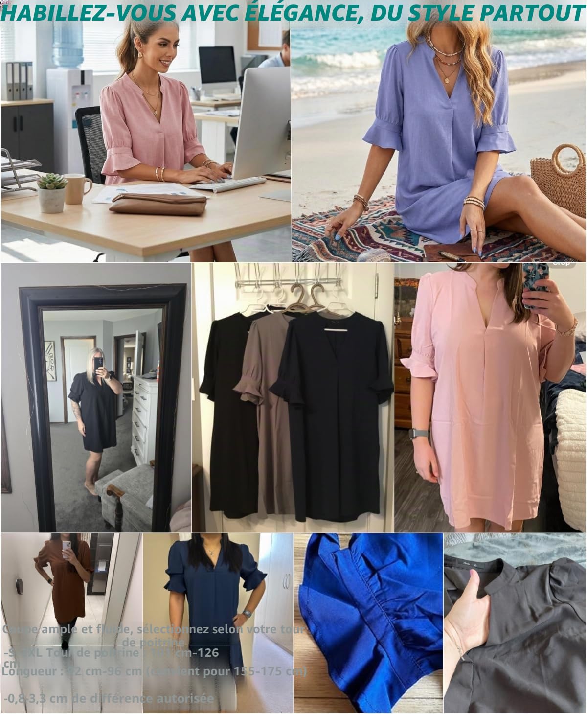 Famulily Robe chemise élégante et décontractée, pour femmes, avec col en V, manches mi-longues, couleur unie, tailles S à XXL