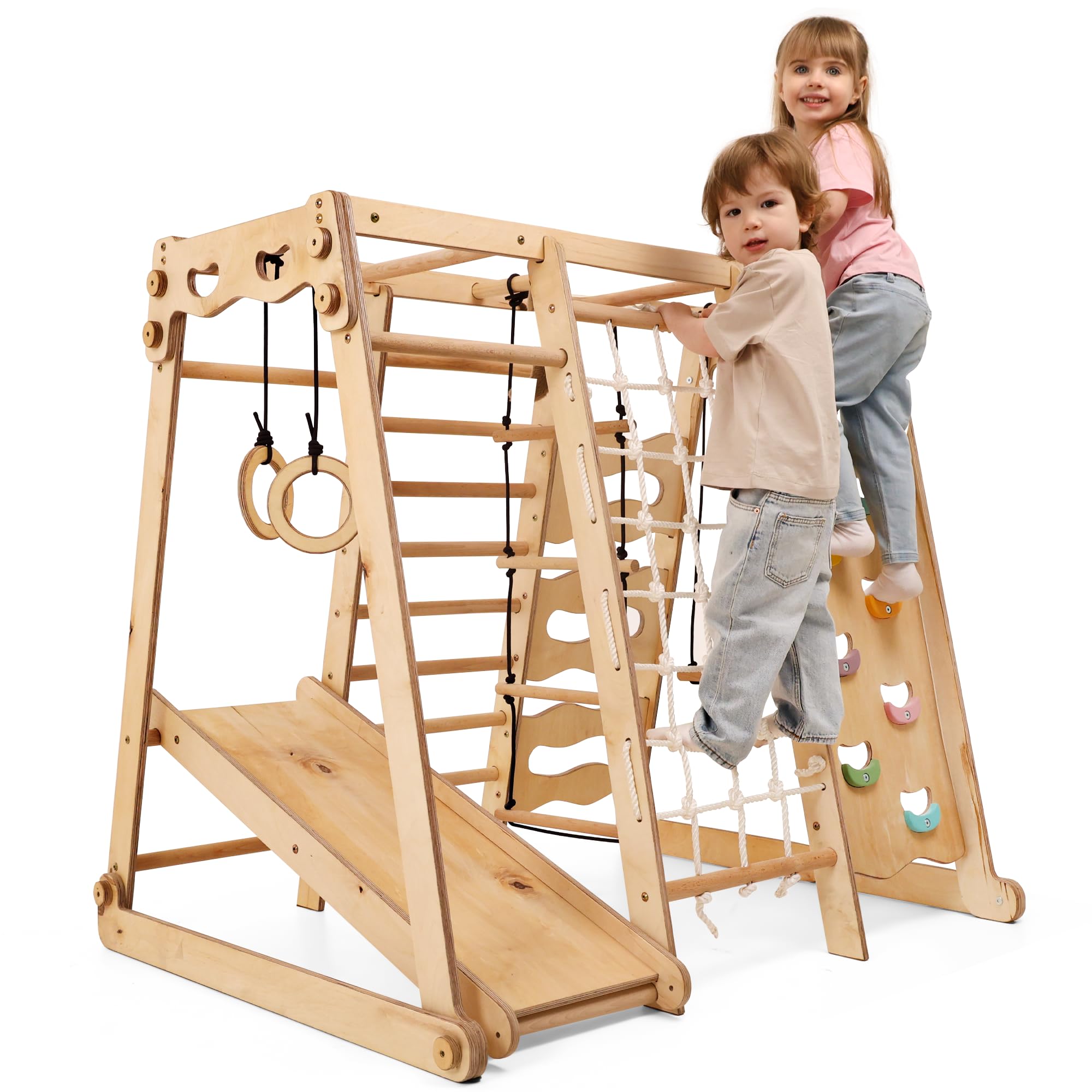 Goodevas Montessori - Struttura da arrampicata 9 in 1, per interni, per bambini, con scivolo, altalena, parete da arrampicata, triangolo da arrampicata, parco giochi per la cameretta dei bambini