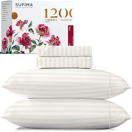 Carressa Linen Luxury 100% Supima Cotton Queen Sheets - Premium 1200 Thread Count 4 PC Damask Stripe Cotton Sheets for Queen Size Bed, Ivory Bed Sheet Set, Hotel Quality 16" Deep Pocket Cooling Sheets