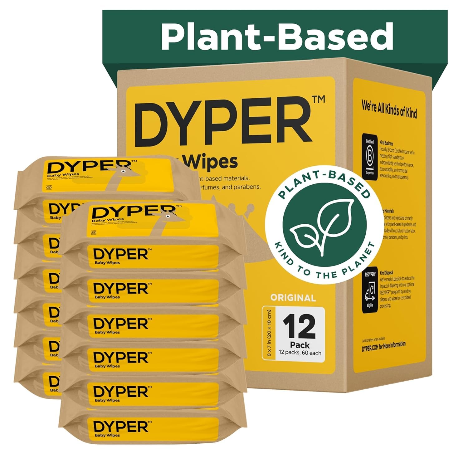 DYPERBaby Wipes Unscented (720 Count) - 99% Water-Based & Hypoallergenic Baby Wipes, Made with Plant-Based Materials, Gentle for Sensitive Skin, Fragrance & Plastic-Free Wet Wipes, 12 Pack