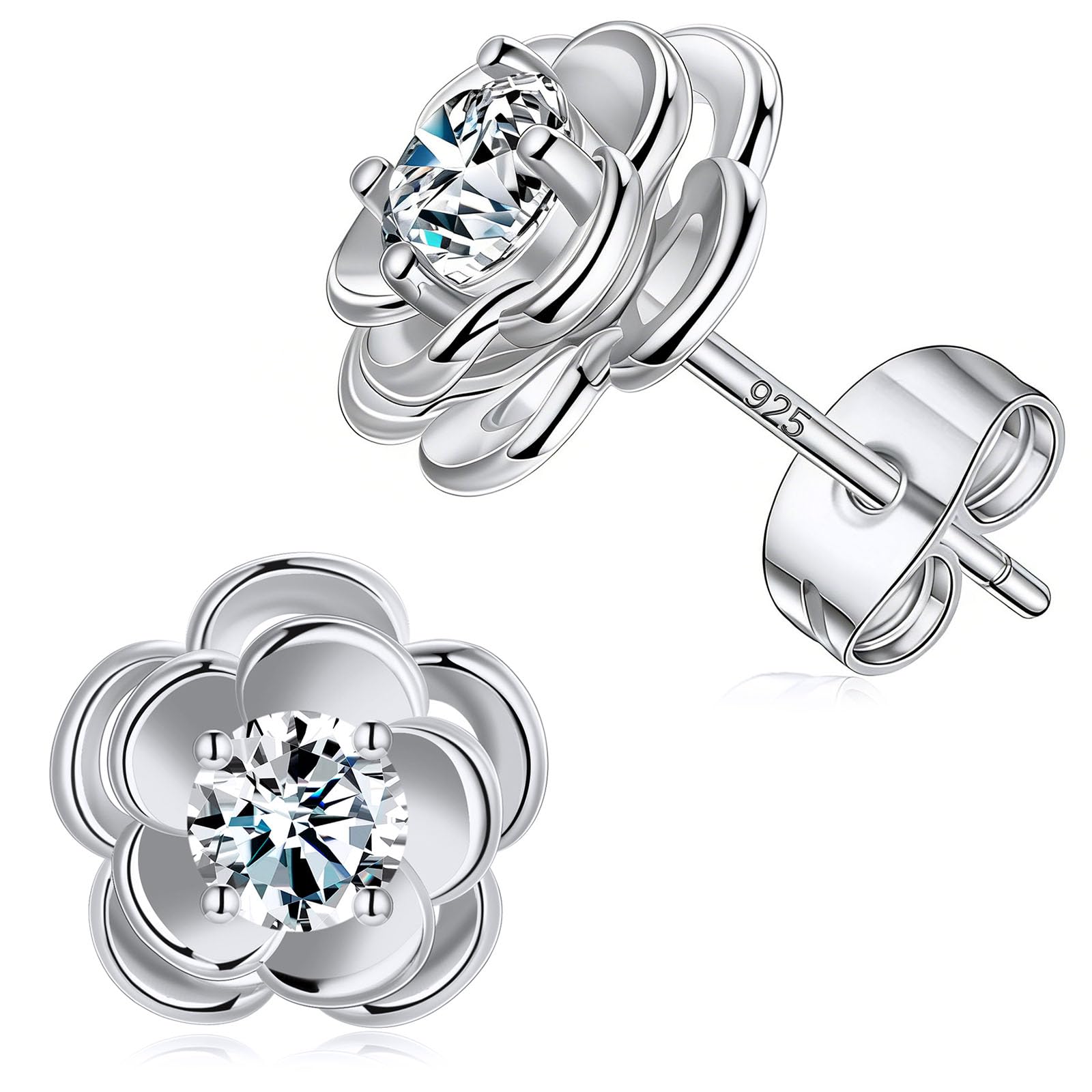 14K Gold Rose Flower Sterling Silver Stud Earrings For Women Dainty Rose Gold Pearl Earrings Hypoallergenic Earrings Cute Studs For Her Nickel Free