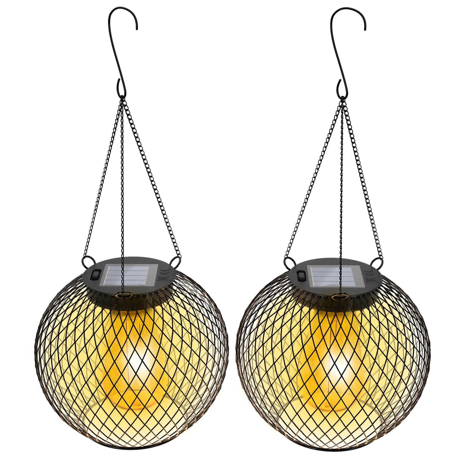 Modernas luces colgantes de malla solar, linternas esféricas colgantes de metal negro con bombillas Edison, montadas en cadena, interiores y exteriores (paquete de 2)