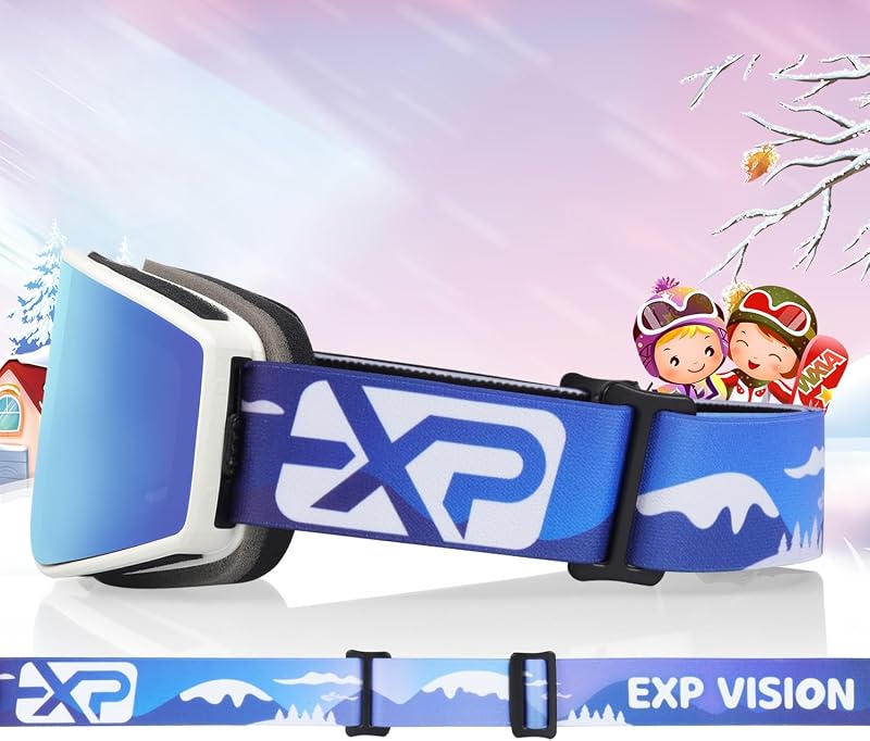 EXP VISION Gyerek Síszemüveg - Kék, Páramentes, 100% UV Védelemmel, Szemüveg Kompatibilis, Sisakkal Használható Snowboard Szemüveg 2-14 Éves