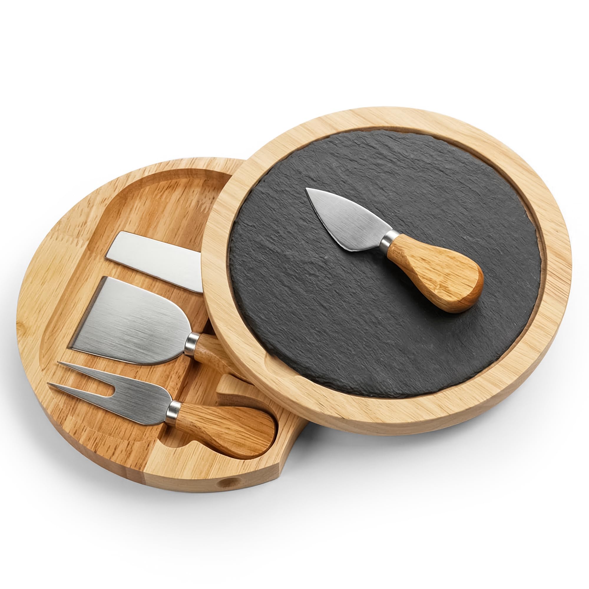 Besto Cheese Board And Knife Set (4 Pcs) | Hevea Wood Round Slate Cheese Board With Knives & Fork | Cheeseboard Gift Set | Hand Cleaning Recommended (Avoid Dishwasher)