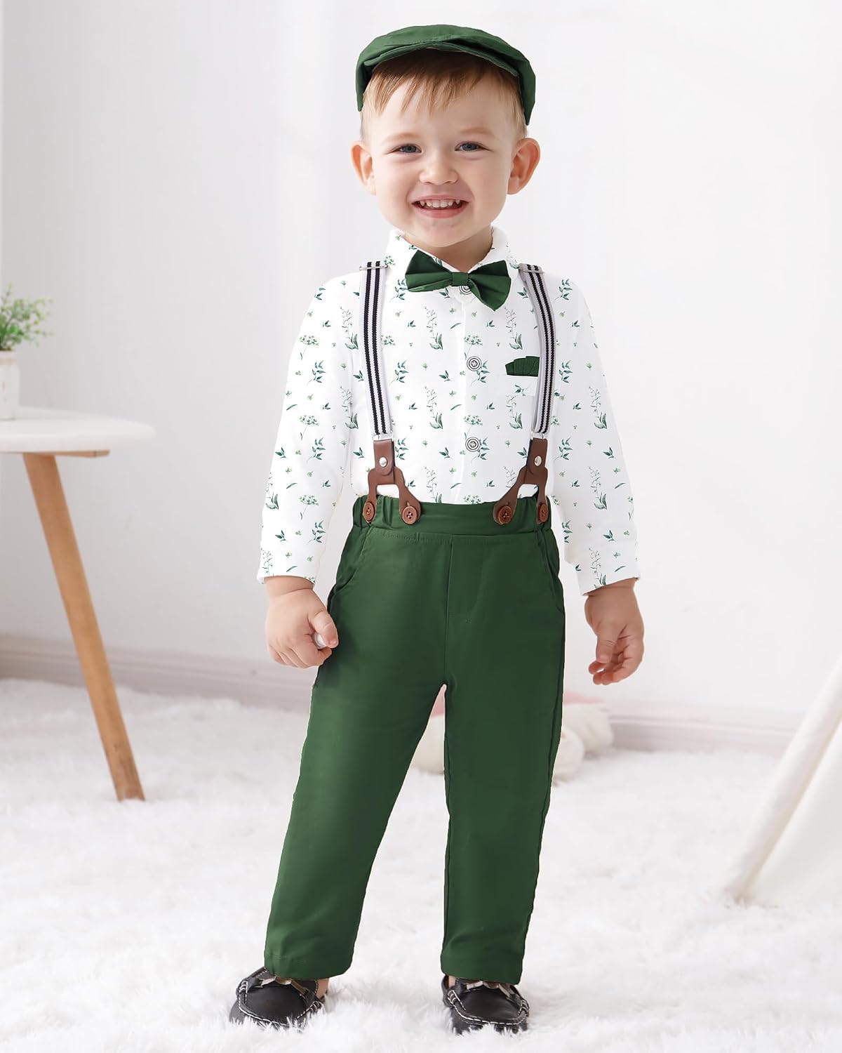 YALLET Baby Boy Outfits Suits Infant Formal Dress Clothes Gentleman Wedding Print Shirt+Beret Hat+Suspender Pants+Bowtie