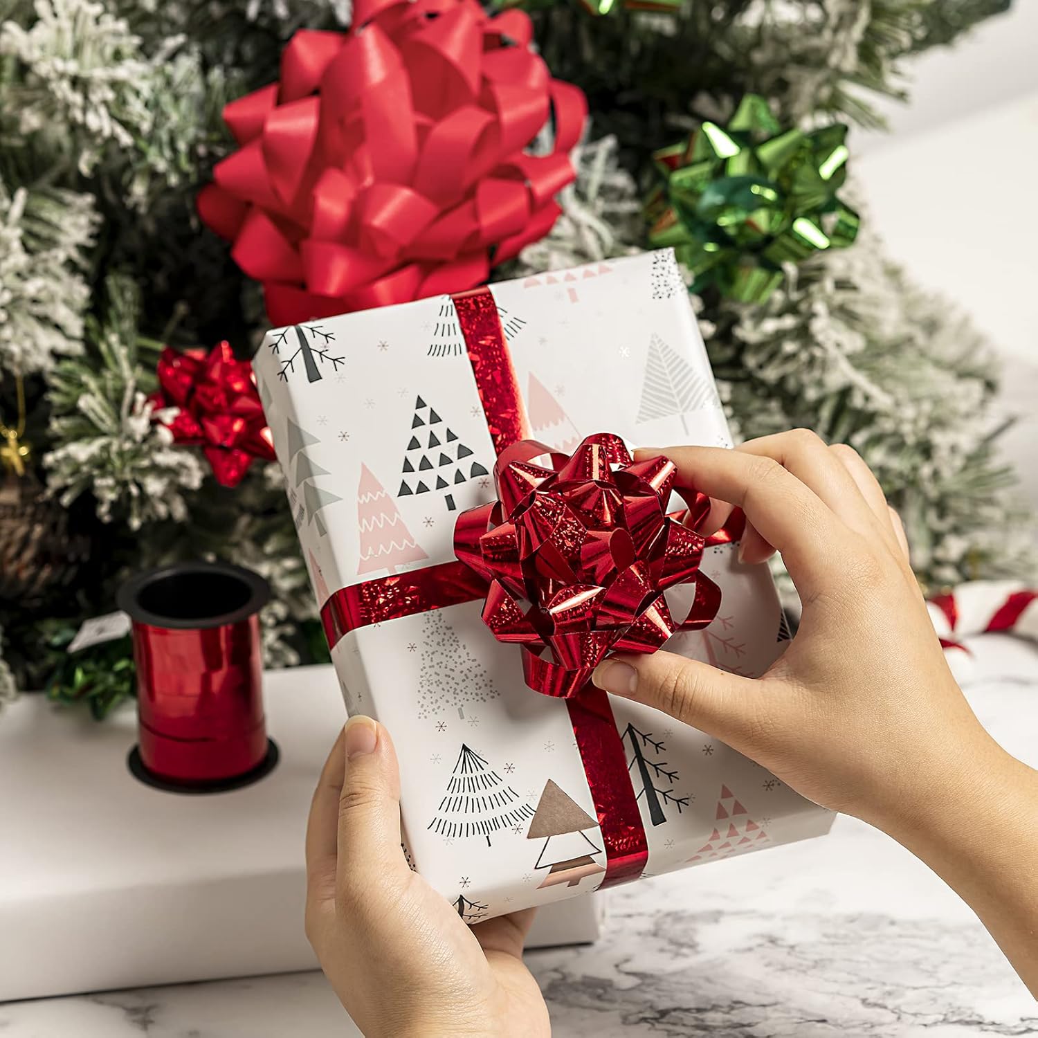 WRAPAHOLIC 16 Pcs Gift Bows Assortment - 14 Multi Colored Assorted Size Gift Bows (Holographic Red and Green) and 2 Crimped Curling Ribbons, Perfect for Christmas, Holiday, Party - Image 4