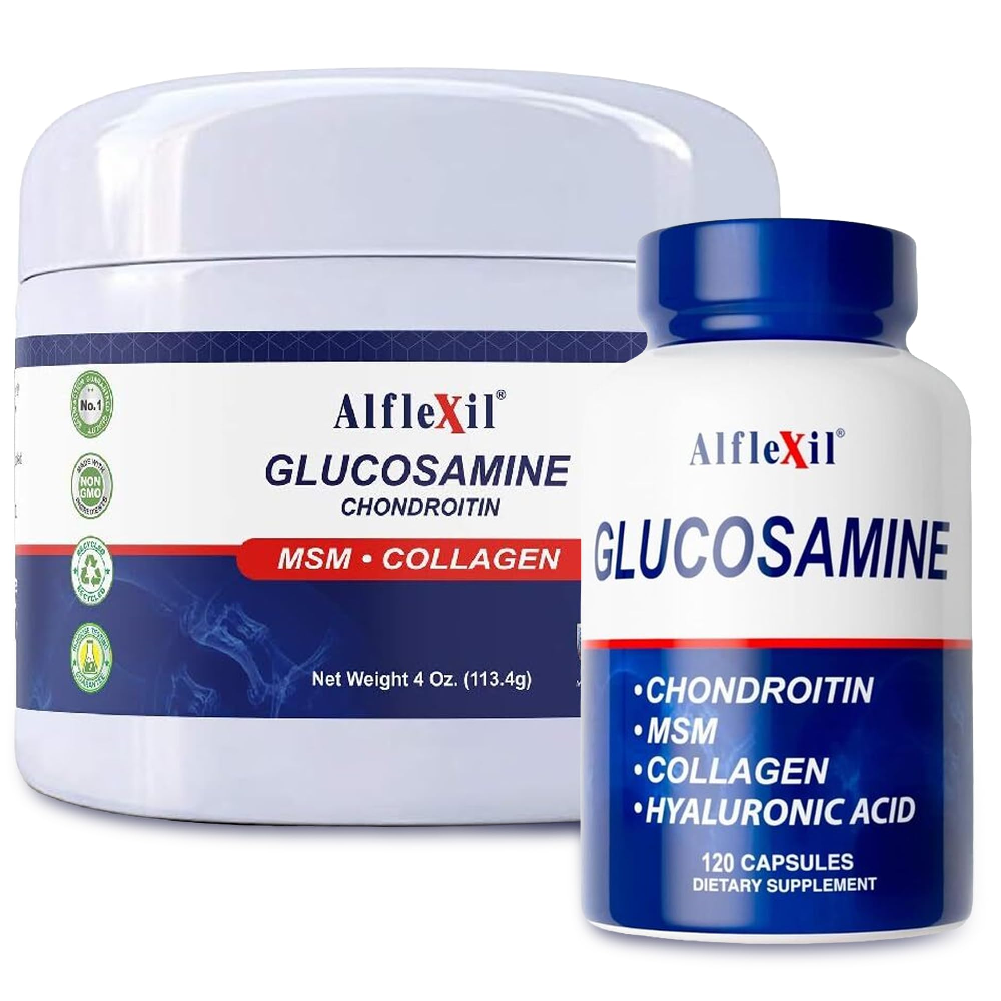 ALFLEXIL Glucosamine, Chondroitin & Collagen Supplement, Gluten Free, Supports Joints, Bones & Knees, Includes MSM & Hyaluronic Acid for Mobility & Joint Health, Cream + Capsule Bundle