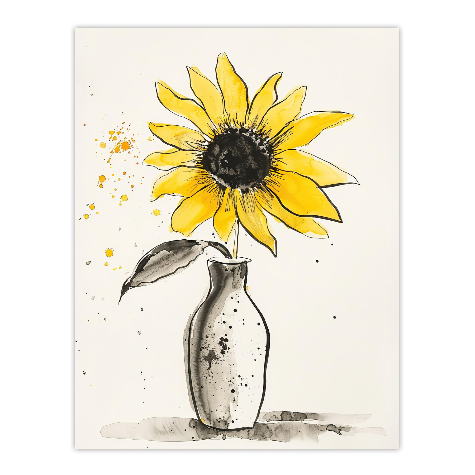 Artery8 Single Sunflower in Vase Yellow Grey Watercolour Living Room Extra Large XL Wall Art Poster Print