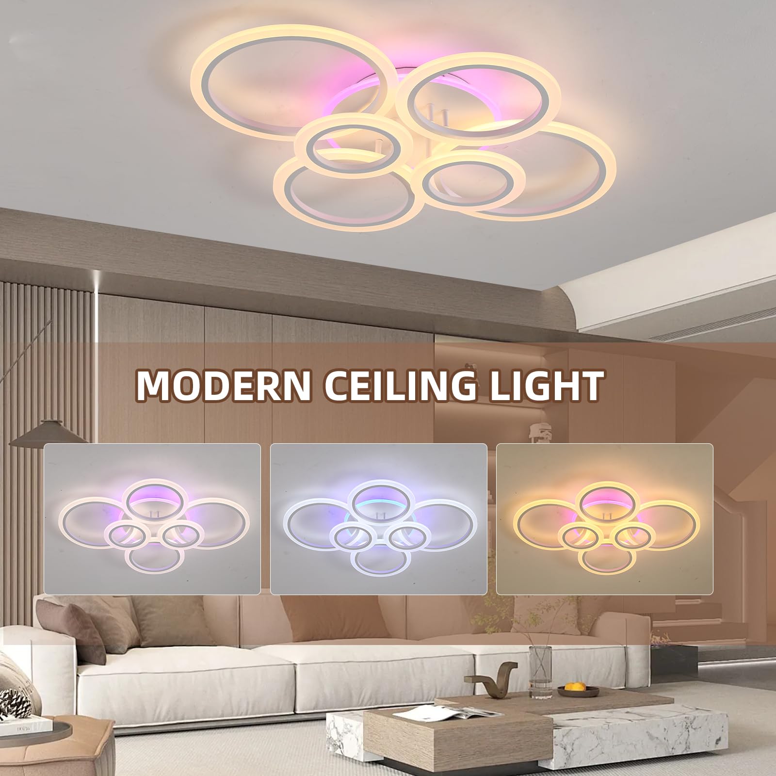 Plafoniera LED Soffitto 70W 6 Anelli Moderna Dimmerabile Lampadario | Lampadario LED con telecomando 4200lm, luce regolabile 3000-6000K, plafoniera moderna per soggiorno cucina sala da pranzo