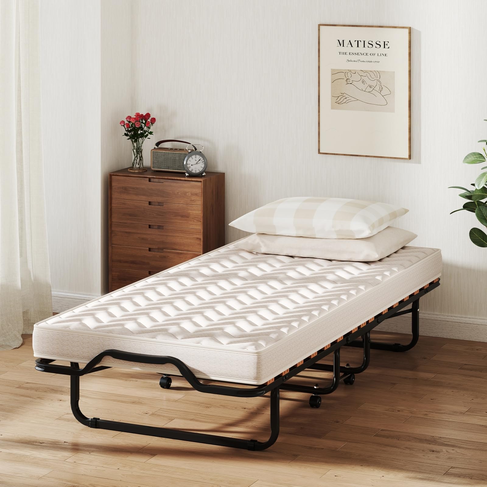 LIFEZEAL Brandina Pieghevole con Materasso, Letto Singolo a Scomparsa, Letto di Emergenza per Ospite, con 4 Ruote, Telaio in Acciaio, 15 Doghe in Legno, Salvaspazio, Max 120 kg, Made in Italy