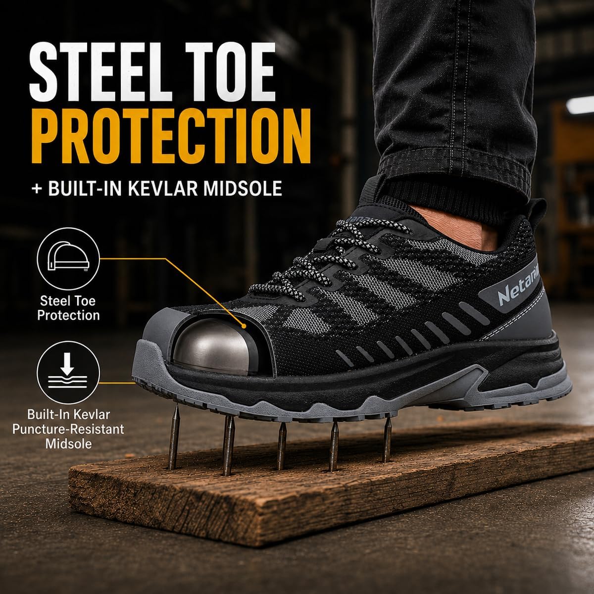 Comfortable Steel Toe Shoes for Men, Lightweight Cushioned Work Sneakers for Standing All Day, Breathable Slip Resistant Warehouse Safety Shoes