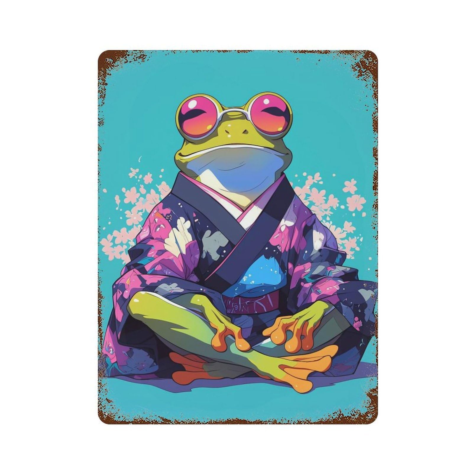 Garage Style Frog in Kimono with Sunglasses Distressed Metal Wall Sign 15.7"x11.8", Retro Wall Decor for Bar And Workshop