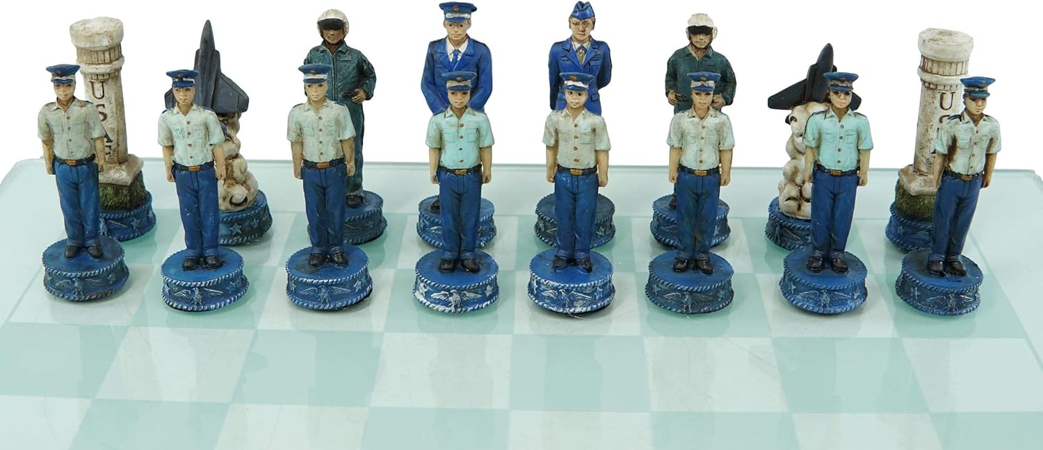 Ebros Patriotic American Military Branches US Air Force VS Marine Corps Chess Pieces with Clear Frosted Checkered Glass Board Set Fun Gaming Educational Game