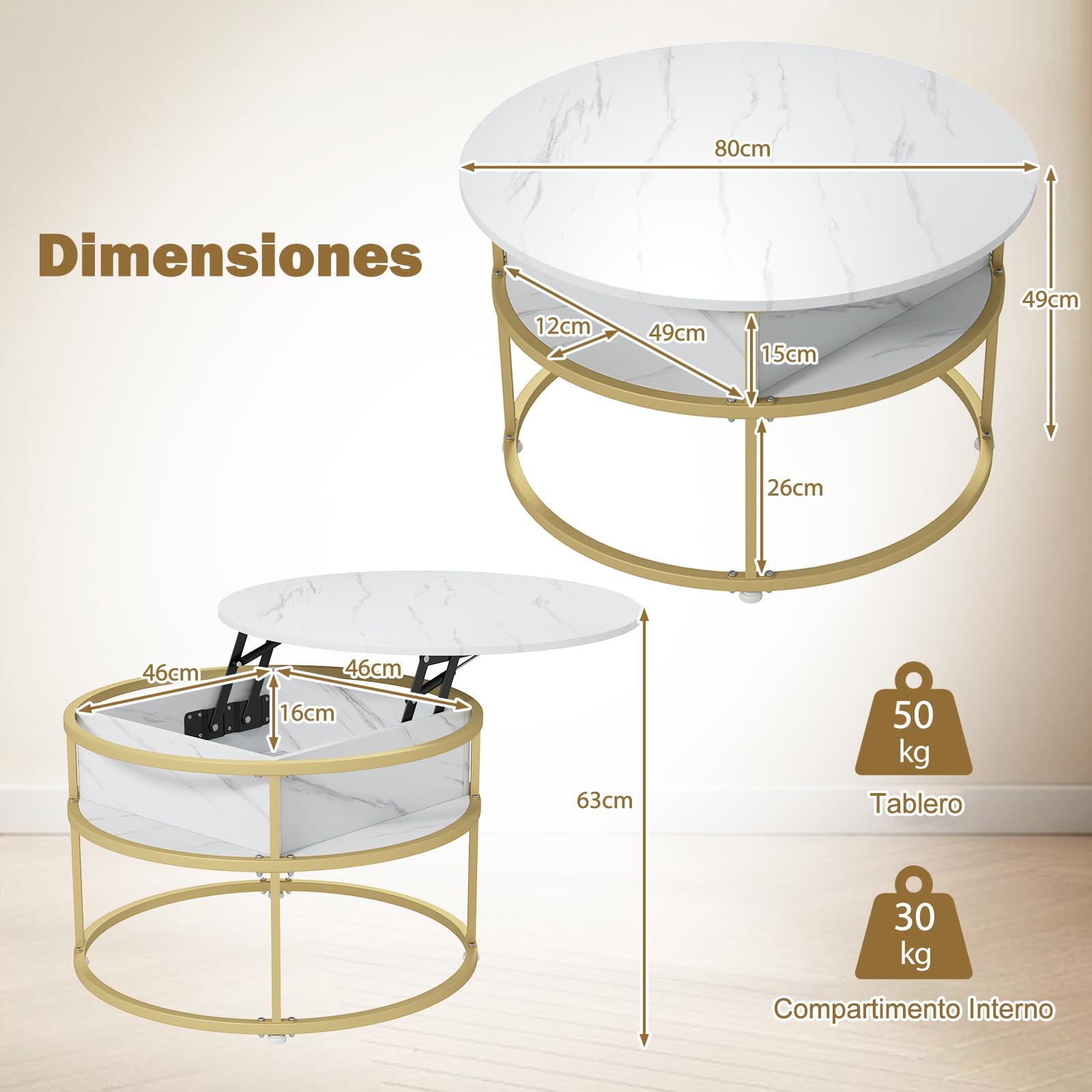 GOPLUS Mesa de Centro Elevable Redonda con Espacio Oculto