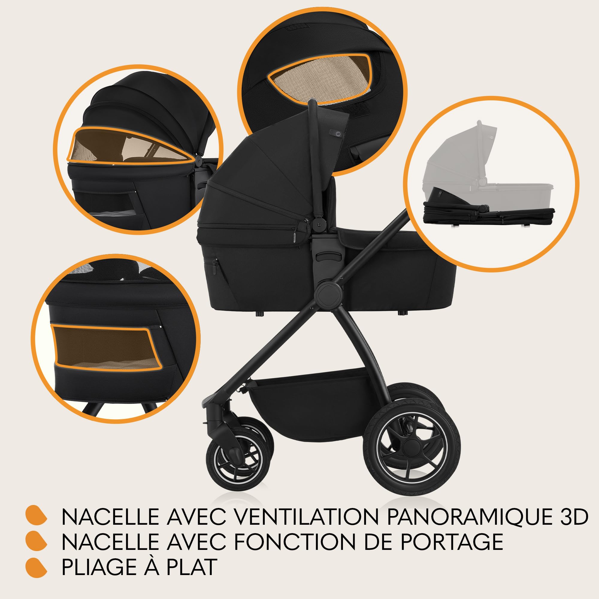 LIONELO MERIL 3 en 1 Poussette Bébé Multifonctionnelle 0 à 48 Mois Jusqu'à 22 kg, Nacelle Jusqu'à 9 kg, Siège Auto, Roues Tout-terrain 360 °, Amortissement Complet Auvent XXL UPF50+ (Black)