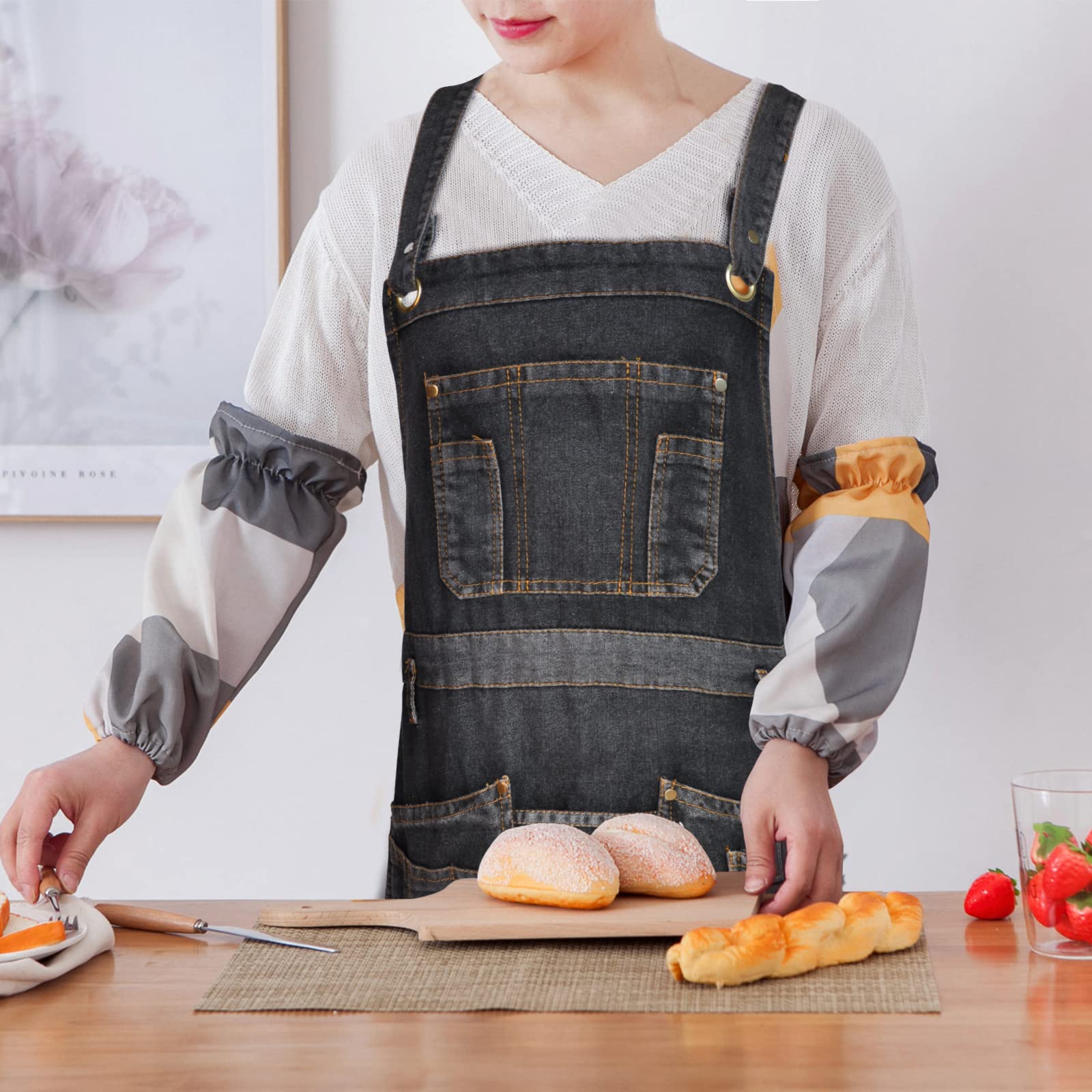 Delantal de mezclilla con múltiples bolsillos para cocina, cocina, barbacoa y jardinería
