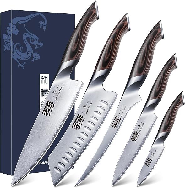 HOSHANHO 5 Piece Kitchen Knife Set with Pakkawood Handle