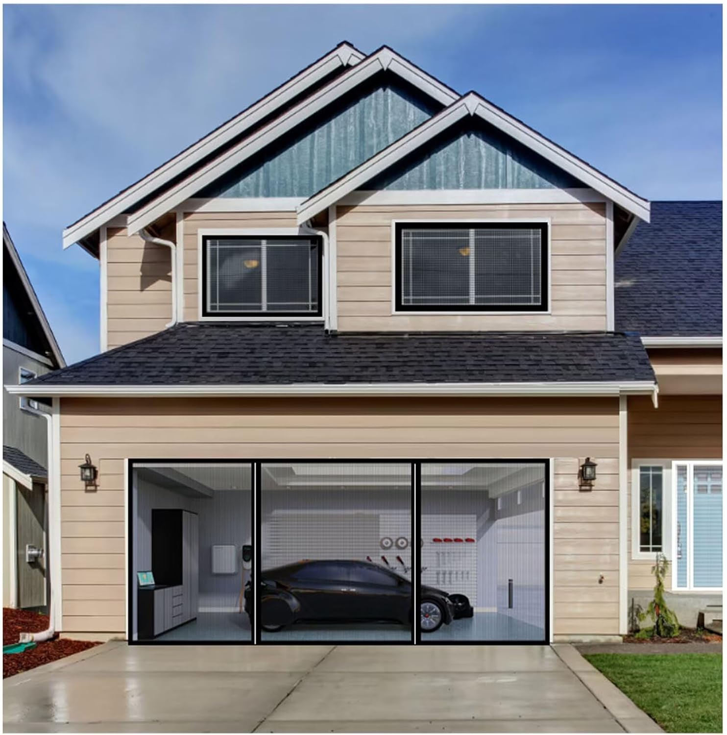 door screen magnetic closure heavy duty W175xH195cm(69x77in) white Garage Screen Door for Car Garage,Sturdy Heavy Duty Fiberglass Mesh Door Screen with Magnets,Breathable Screen Door Curtain Cover Kit