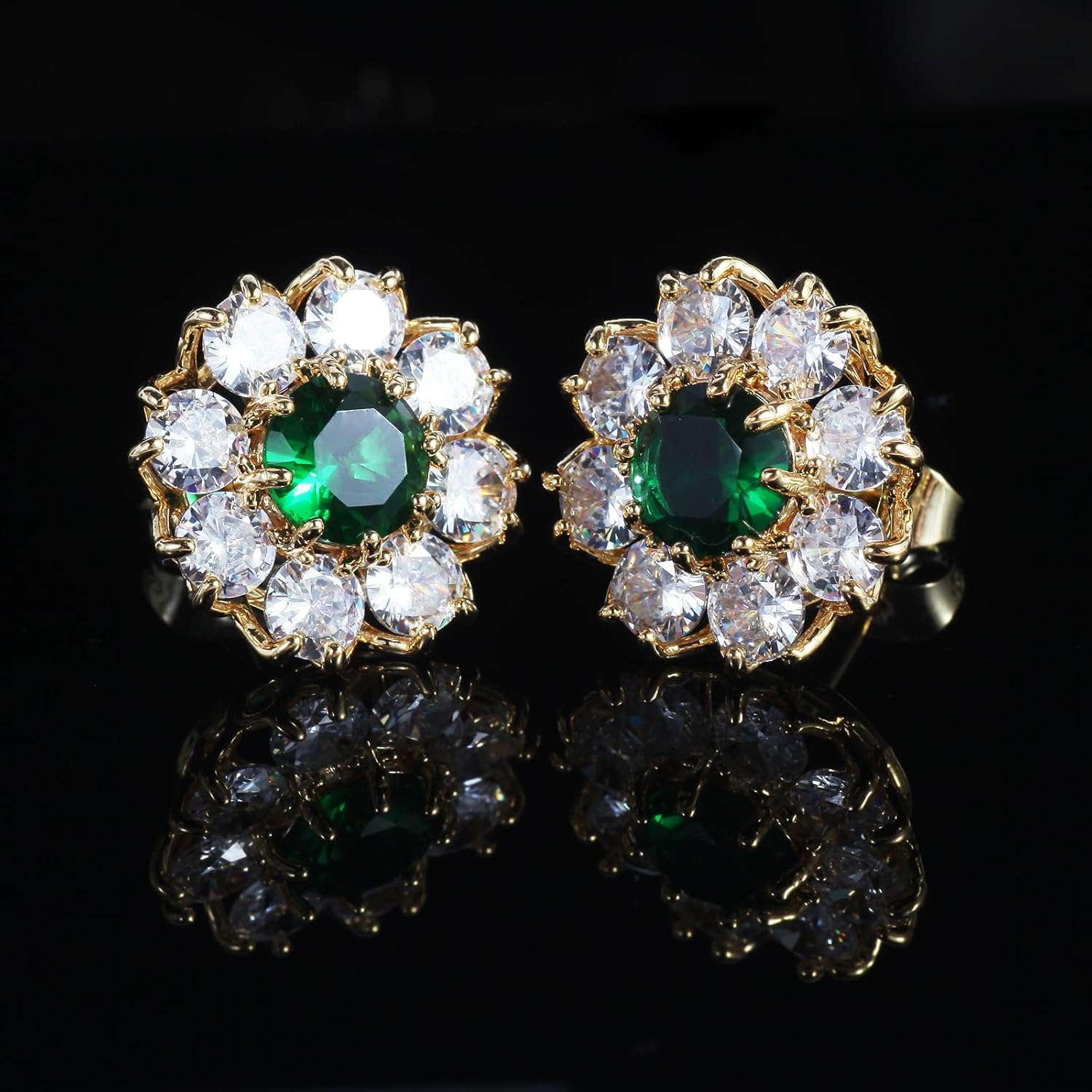 14K Gold Plated Post Brilliant Round Faux Diamond Halo Zirconia Stud Earrings - Premium Cubic Zirconia in Yellow Gold Earrings For Women ,Cubic Zirconia Earrings Studs, Stud Earrings Hypoallergenic for Women - Image 2