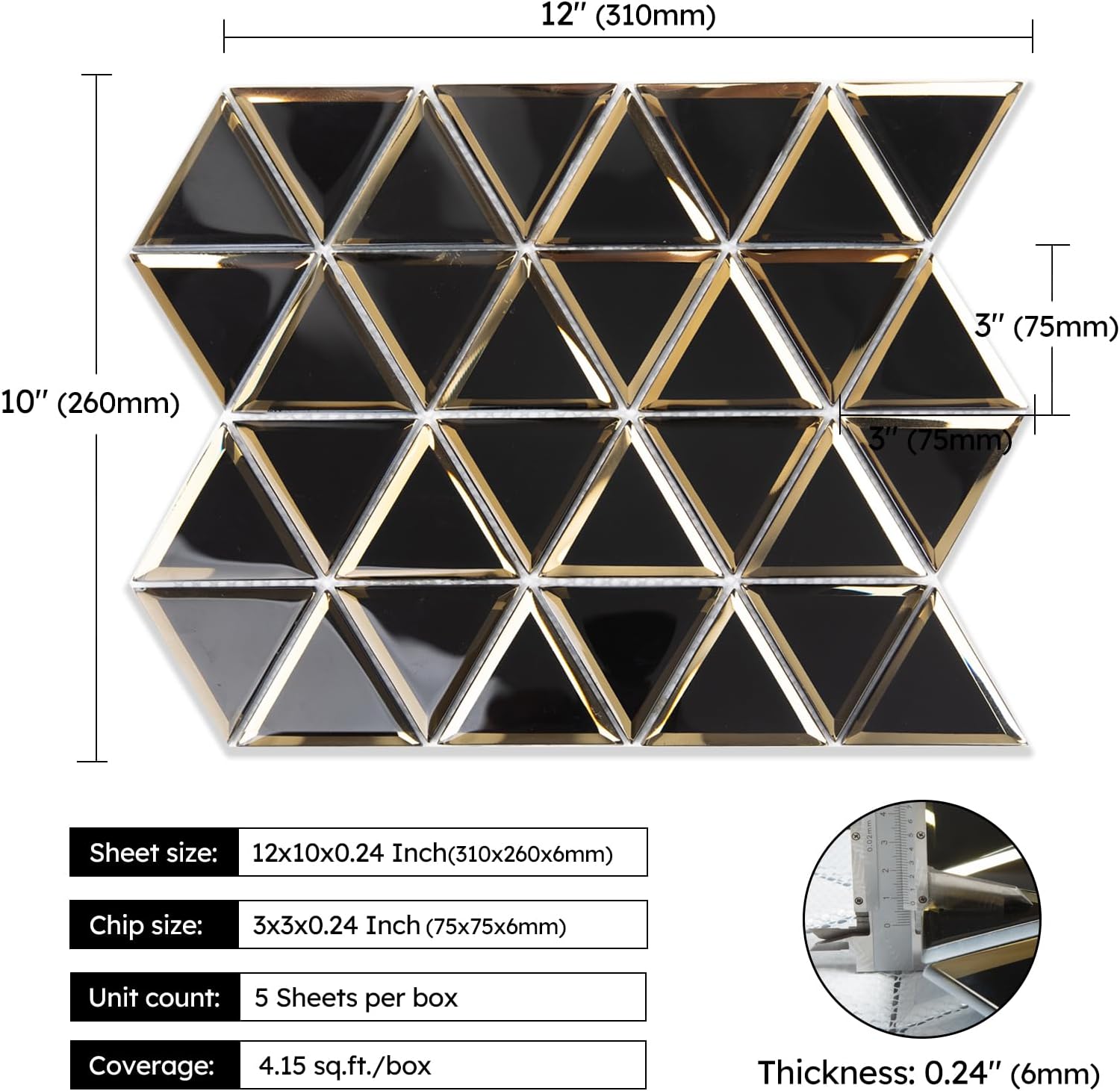 Diflart Beveled Mirror Glass Mosaic Tile, Black and Gold, 3 Inch Triangle, Glass Tile for Bathroom Kitchen Backsplash Shower Wall, Pack of 5 Sheets