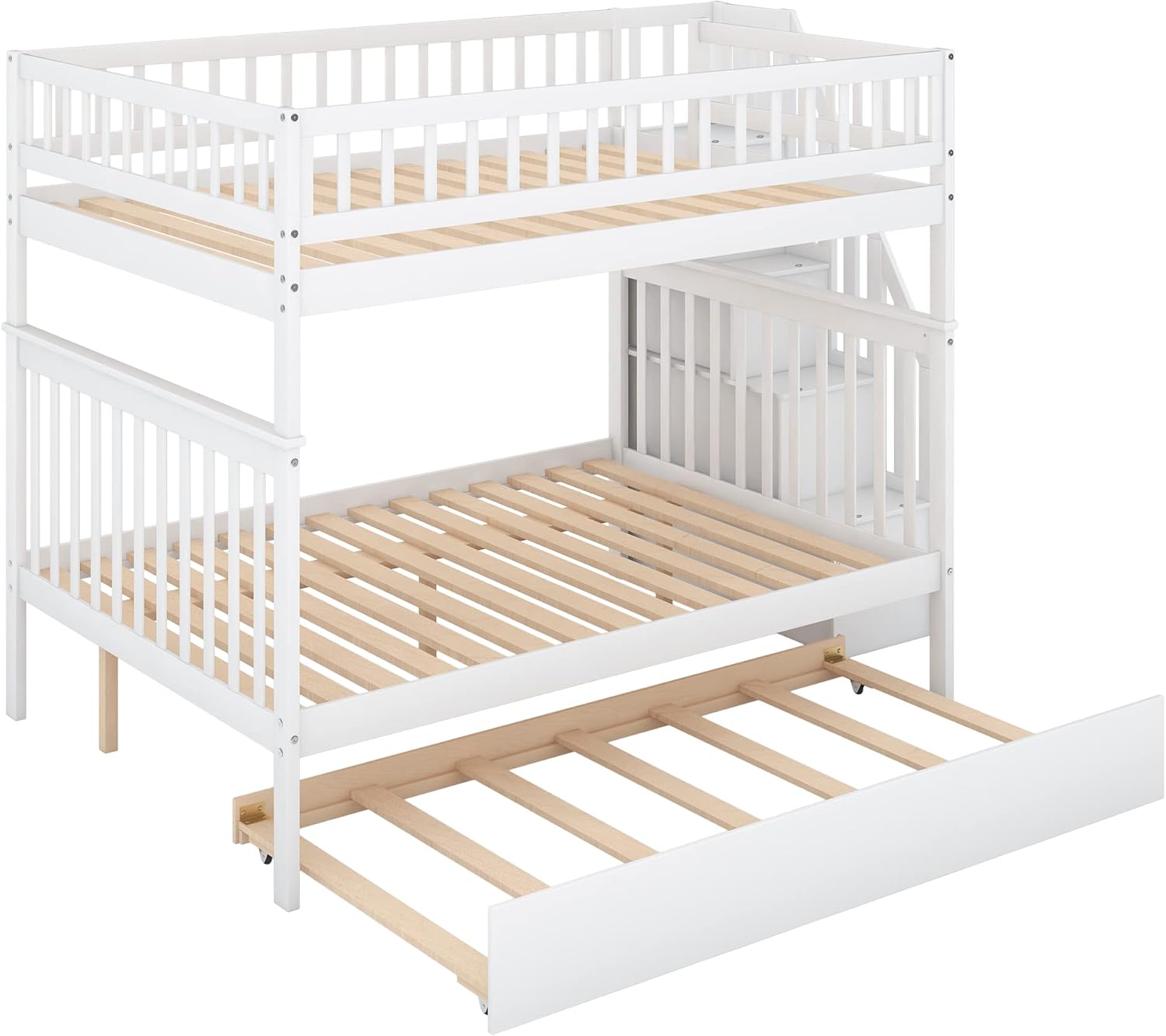 Full Over Full Bunk Bed with Trundle and Staircase,Bedroom Wood 3 Beds Frame in 1 W/Three Compartments & Guardrail,Slats Support,for Kids Teens Girls Boys,White