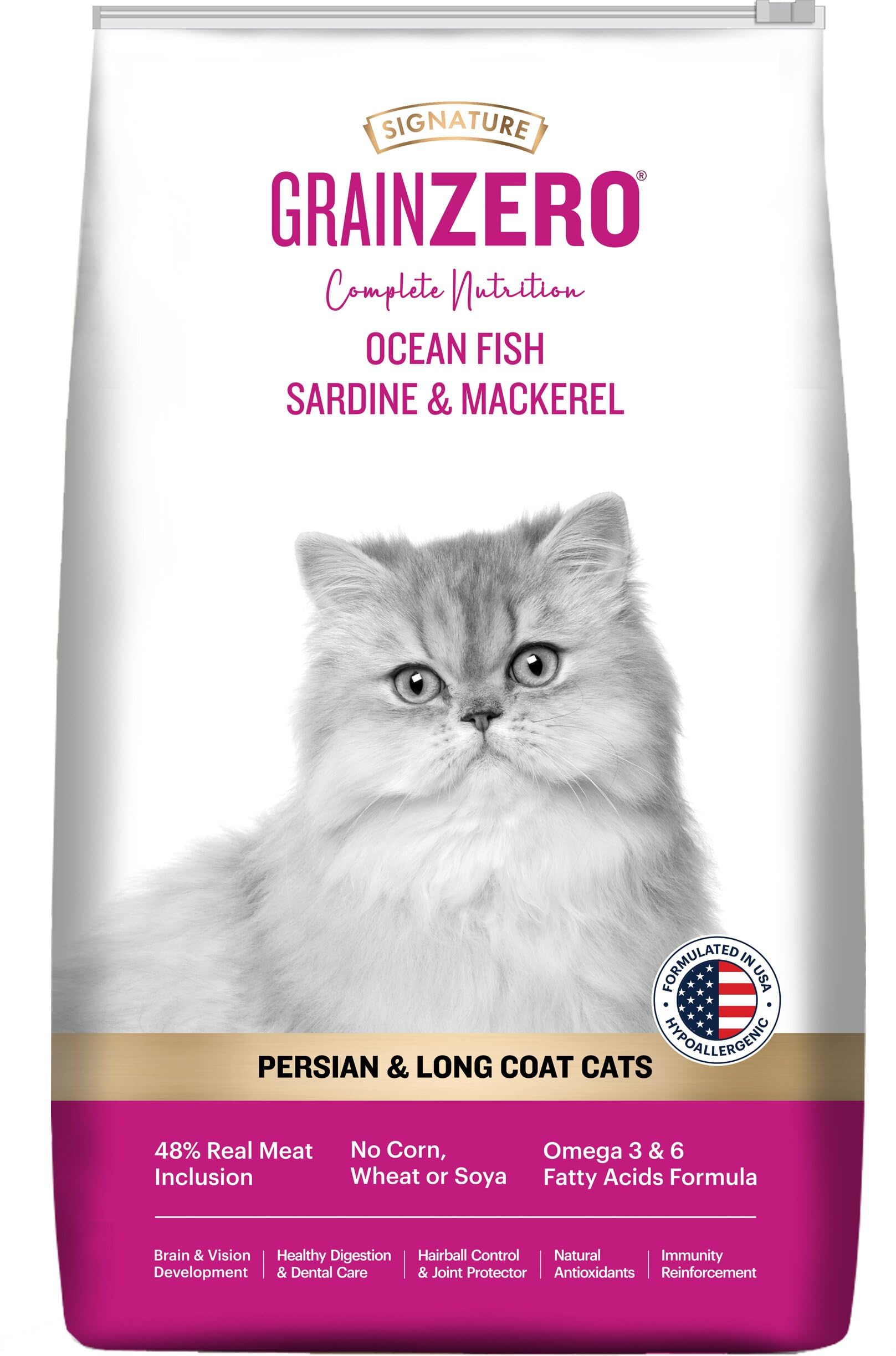 grain zero ocean fish, sardine, and mackerel persian dry cat food 1.2kg