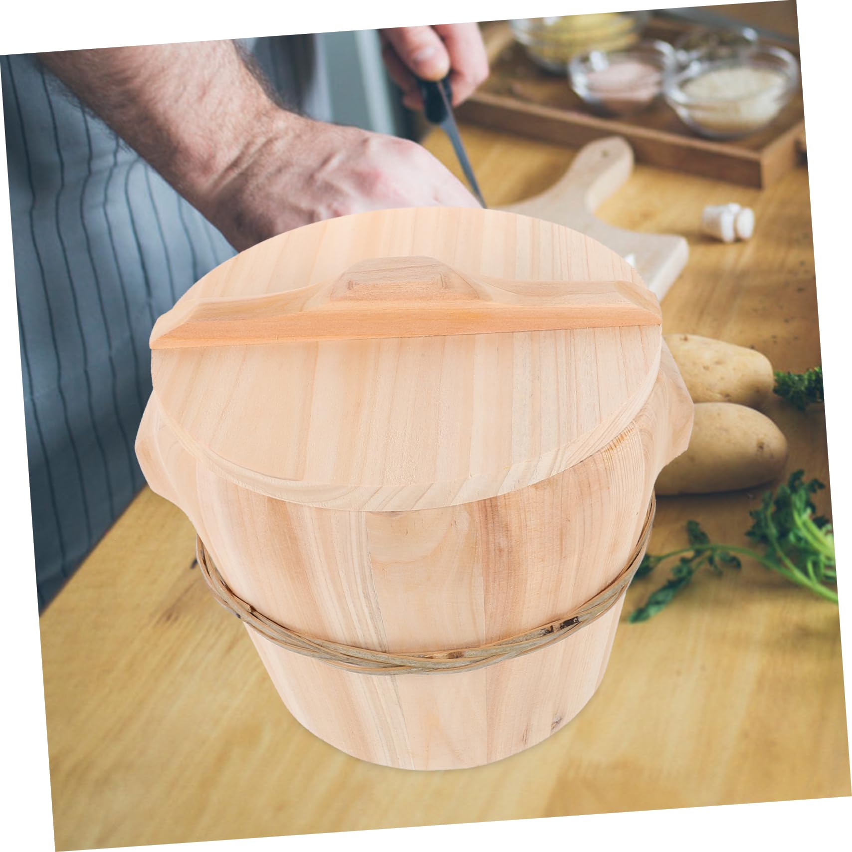 Vaporera de Arroz de Madera Natural, Cubo Artesanal para Cocinar al Vapor