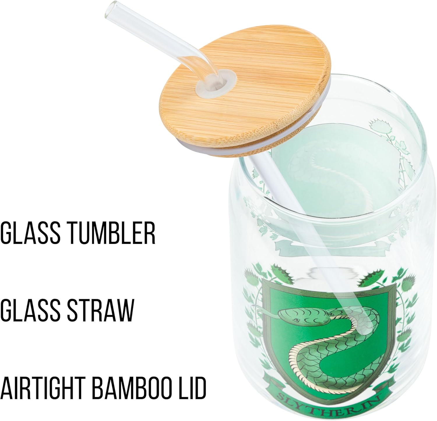 Silver Buffalo Harry Potter Slytherin House Crest Glass Tumbler with Bamboo Lid and Glass Straw, 16 Ounces - Image 4
