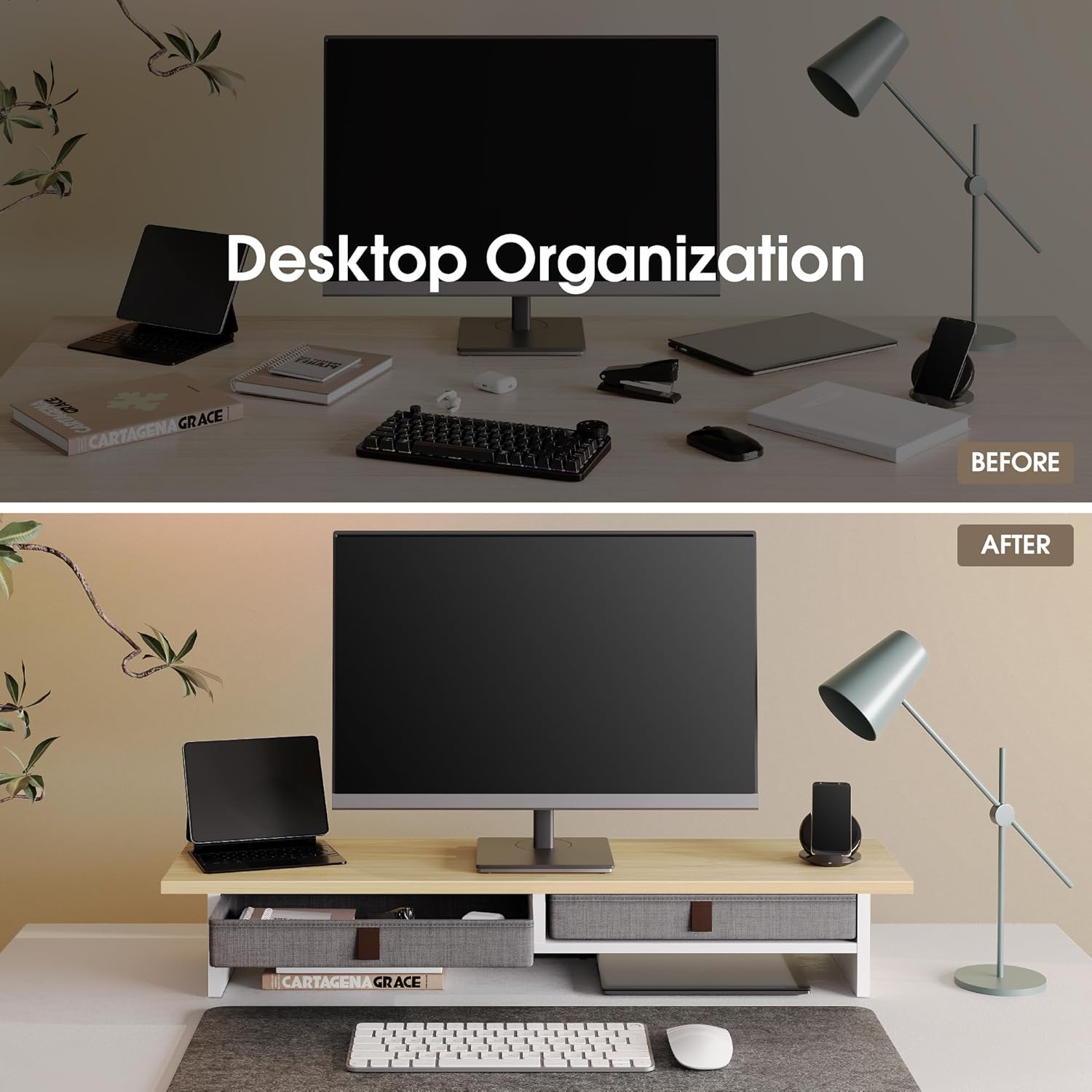 Fenge Monitor Stand with Drawer, 2 Tiers Dual Monitor Riser for Desk, 35 Inch Computer Stand for 2 Monitors, Desk Shelf for Home, Office, Laptop, PC, TV, Printer