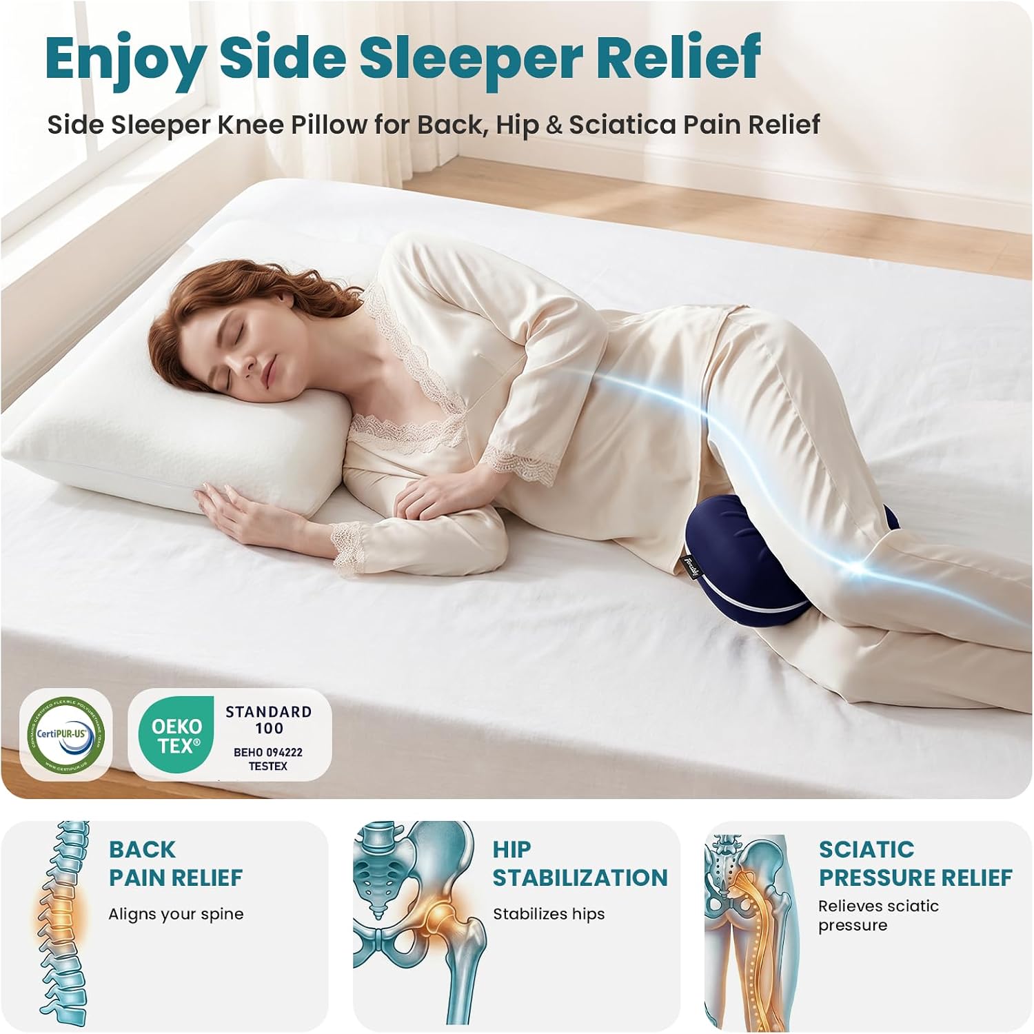 Knee Pillow for Side Sleepers - Smooth Spine Alignment Pillow, Memory Foam Knee Pillows for Back Hip Pain, Spine Aligning, Sciatica, Surgery Recovery (Blue+Grey 2 Cover, Without an Elastic Band)