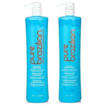 Pure Brazilian Anti-Frizz Daily Shampoo & Conditioner, Salt-Free & Color Safe, Enriched with Keratin, Argan Oil & Acai, 1 Liter 33.8 Fl Oz