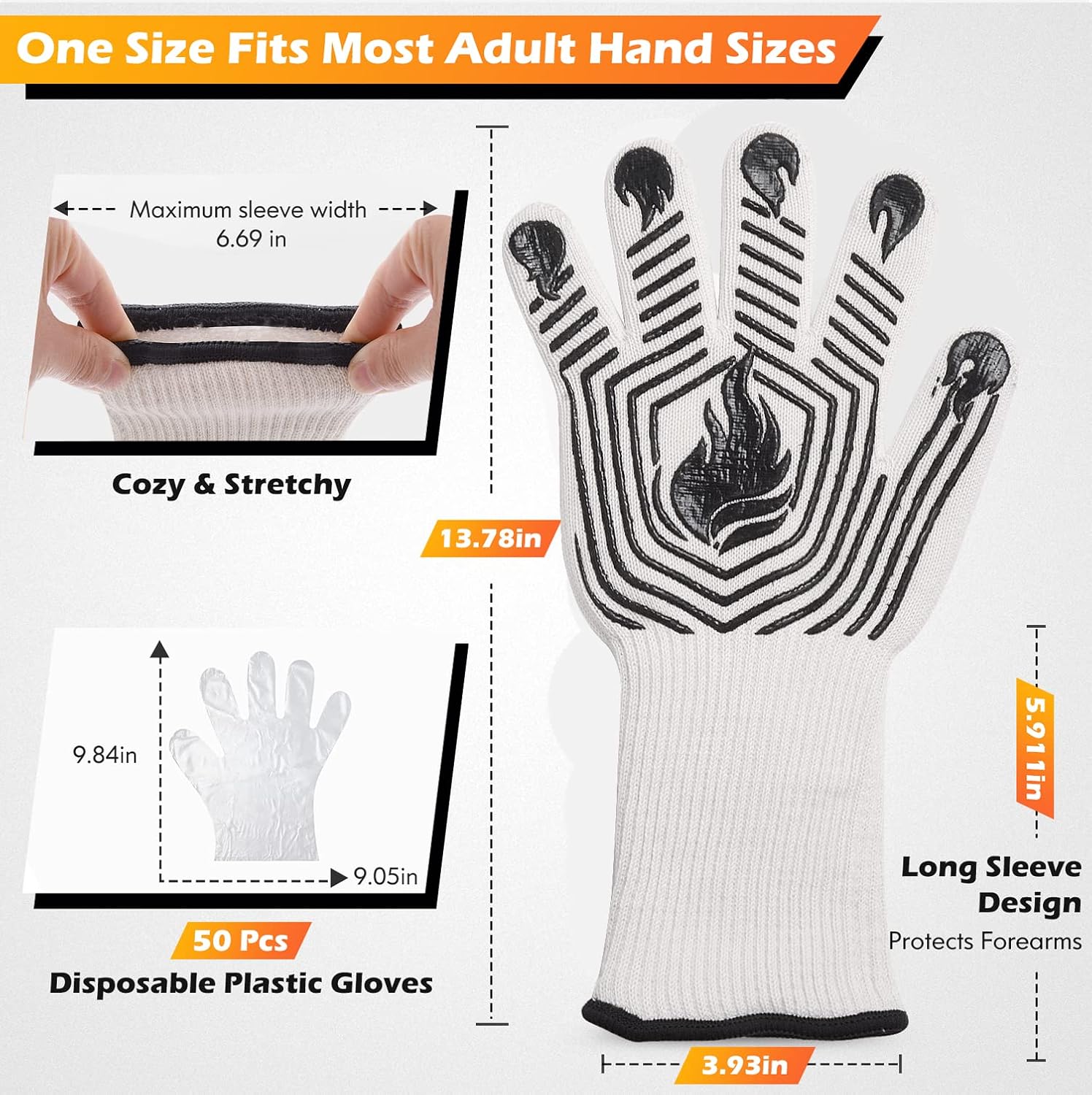 BBQ Gloves, 1472°F Heat Resistant Fireproof Mitts, Silicone Non-Slip Washable Oven Kitchen Gloves for Barbecue, Grilling, Cooking, Baking, Camping, Smoker (Black)