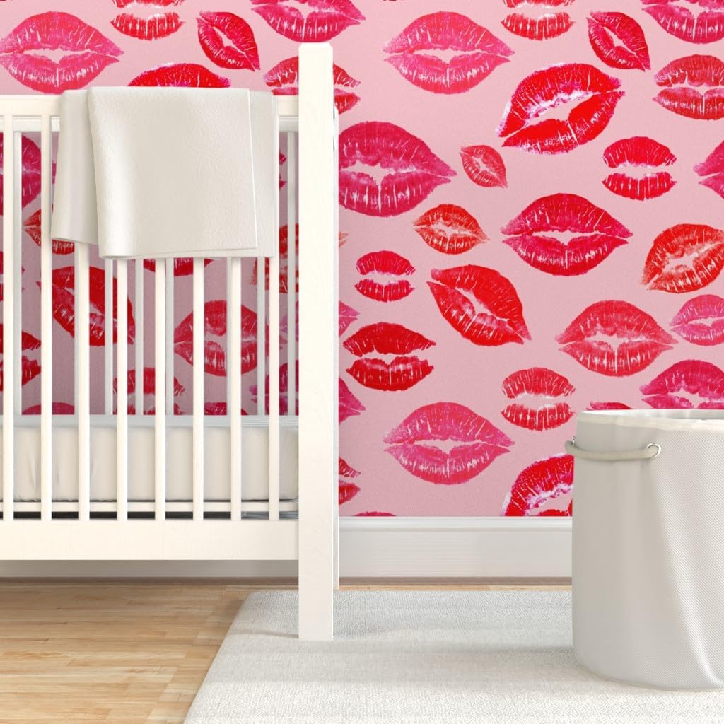 Peel & Stick Wallpaper 3ft x 2ft - Lipstick Kiss Kitsch Valentine Kisses Valentine's Day Love Pink Red Romance Sweet Custom Removable Wallpaper by Spoonflower