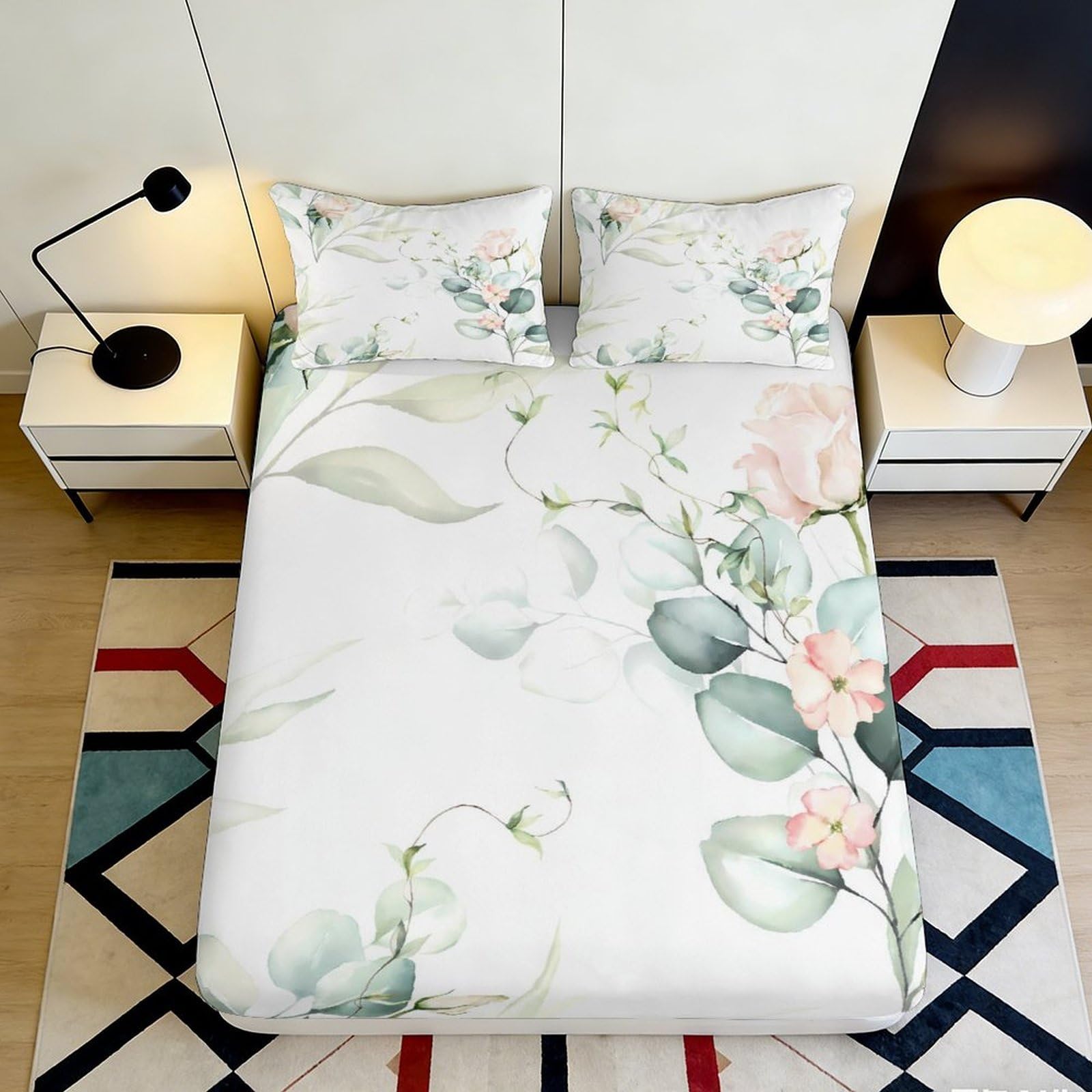 3D Printed Watercolor Floral Fitted Sheet Microfiber Soft Pastel Botanical Mattress Cover for Bedroom Guest Room Decor 180x200x25cm