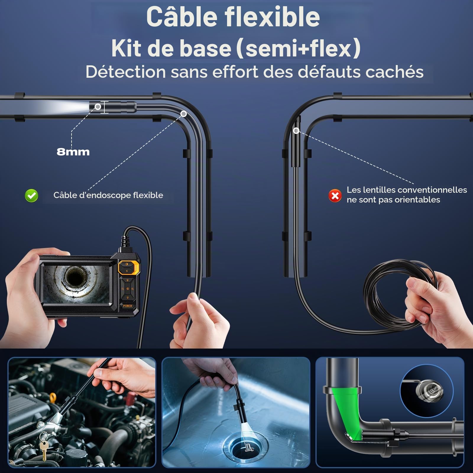 Camera Endoscopique avec 5M avec Écran et Lumière, 4,3" 1920P HD Caméra Endoscopique, Camera Inspection avec 8 Lumières LED Réglables, Camera D'inspection Canalisation