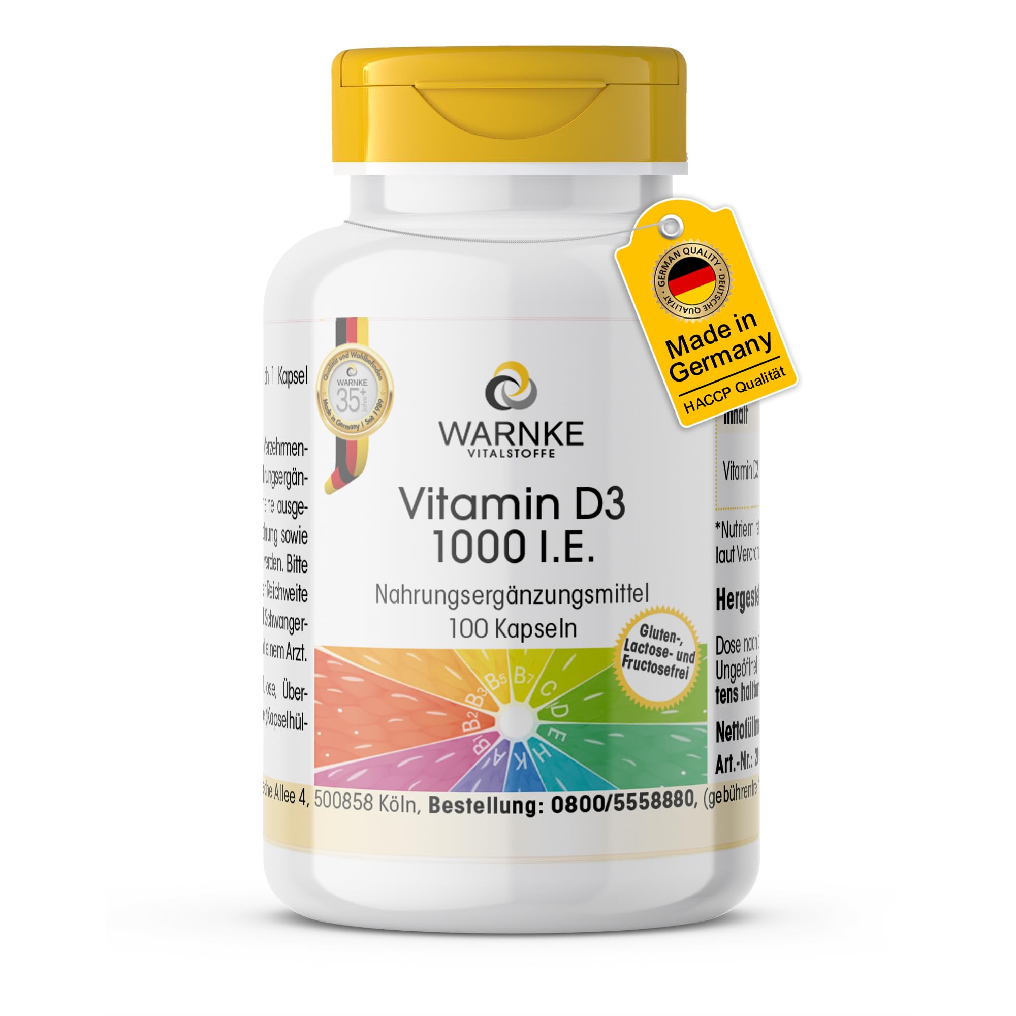 Vitamin D3 1000 I.E. – 100 Kapseln, Cholecalciferol, Warnke Vitalstoffe (Deutsche Apothekenqualität)