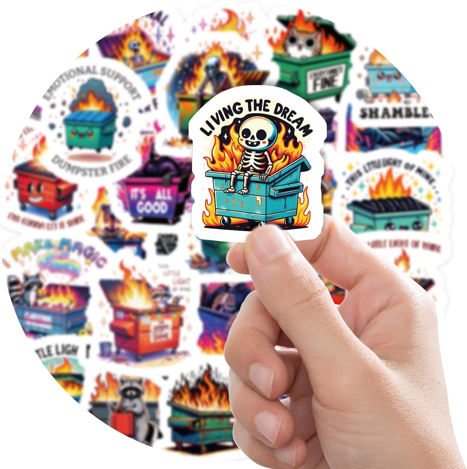 AFRITEE Funny Dumpster Fire Stickers - 50 Pcs Emotional Support Dumpster Fire Bulk Vinyl Sticker, Cute Skeleton Raccoon Waterproof Decal for Journal Water Bottle Laptop Bumper Decor Gift for Kid Teens - Image 6