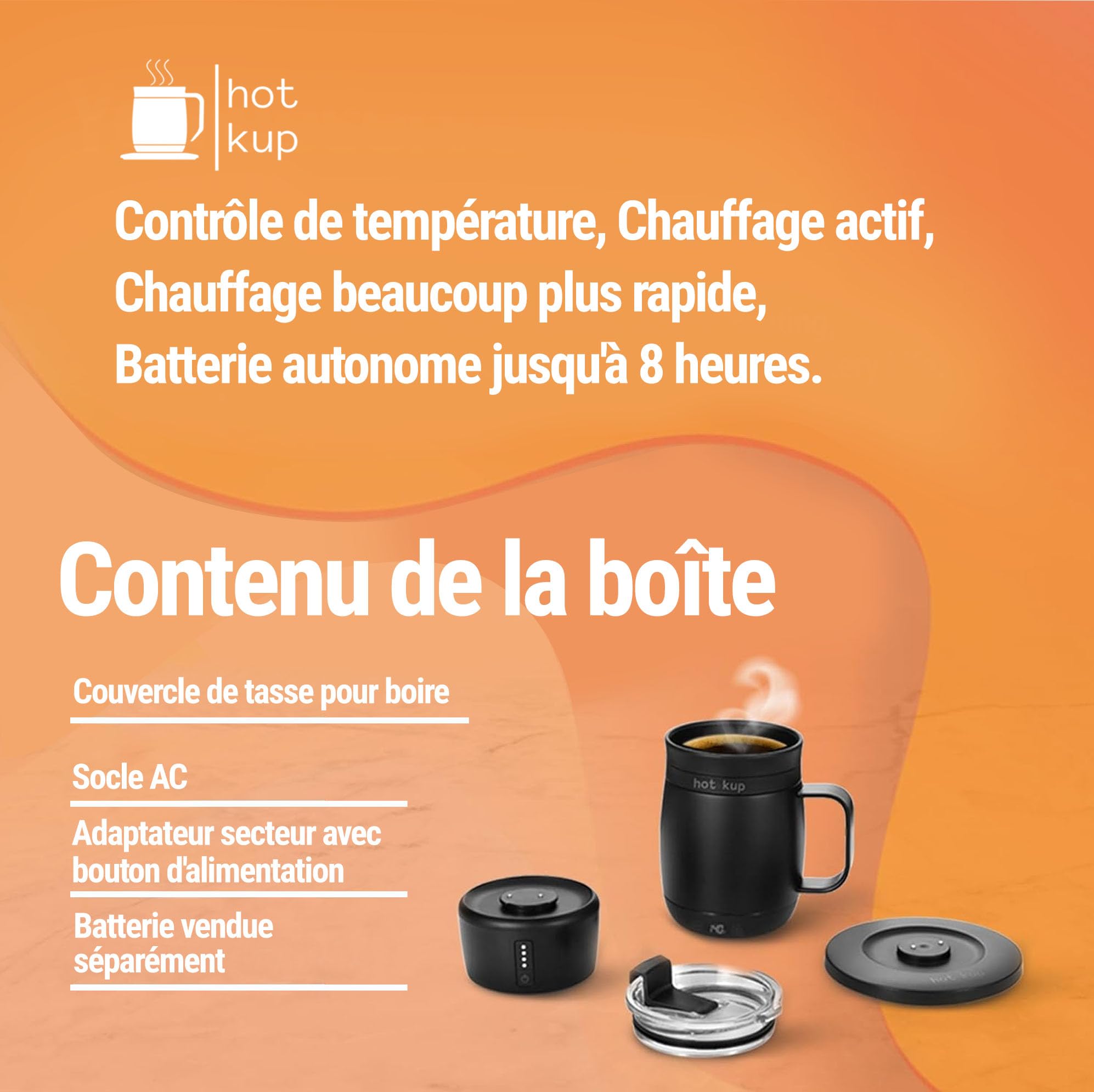 HOT KUP - Tasse de Voyage Auto-chauffante, Infusion des Boissons - Alimentation AC ou par Batterie - Blanc