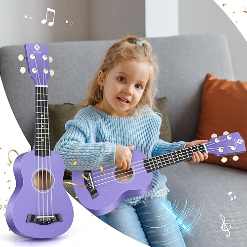 Miniatura 52 de Ukelele soprano para principiantes, juego de iniciación de ukeleles de madera de tilo de 21 pulgadas con bolsa de gig sintonizador digital, cuerdas
