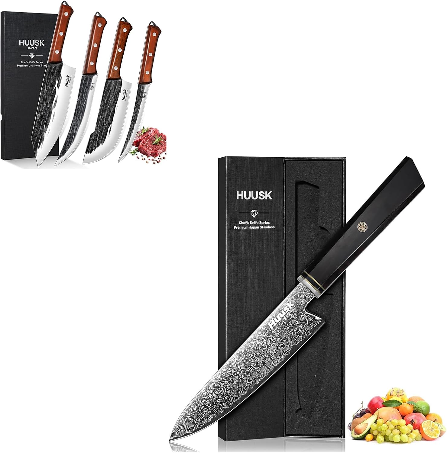 Huusk Damascus Utility Knife Bundle With Butcher Knife Set of 4