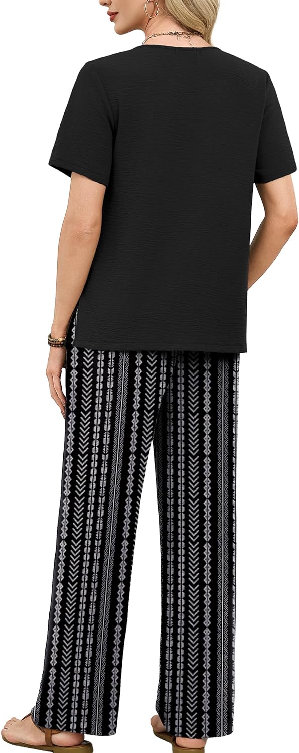 OFEEFAN Women's 2 Piece Outfits Linen Look Summer Loungewear Set Pleated Front Tops & Wide Leg Pants with Pockets