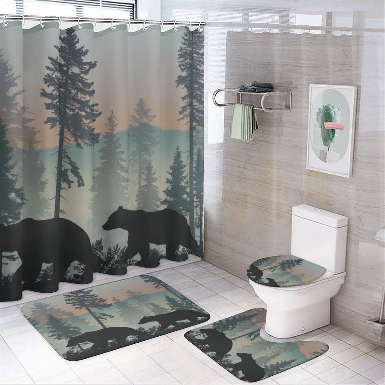 TOWINSFB 4Pcs Mountain Bear Tree Forest Shower Curtain Set with Toilet Lid Cover Non-Slip Rugs for Bathroom, Cute Animals Plant Wildlife Shower