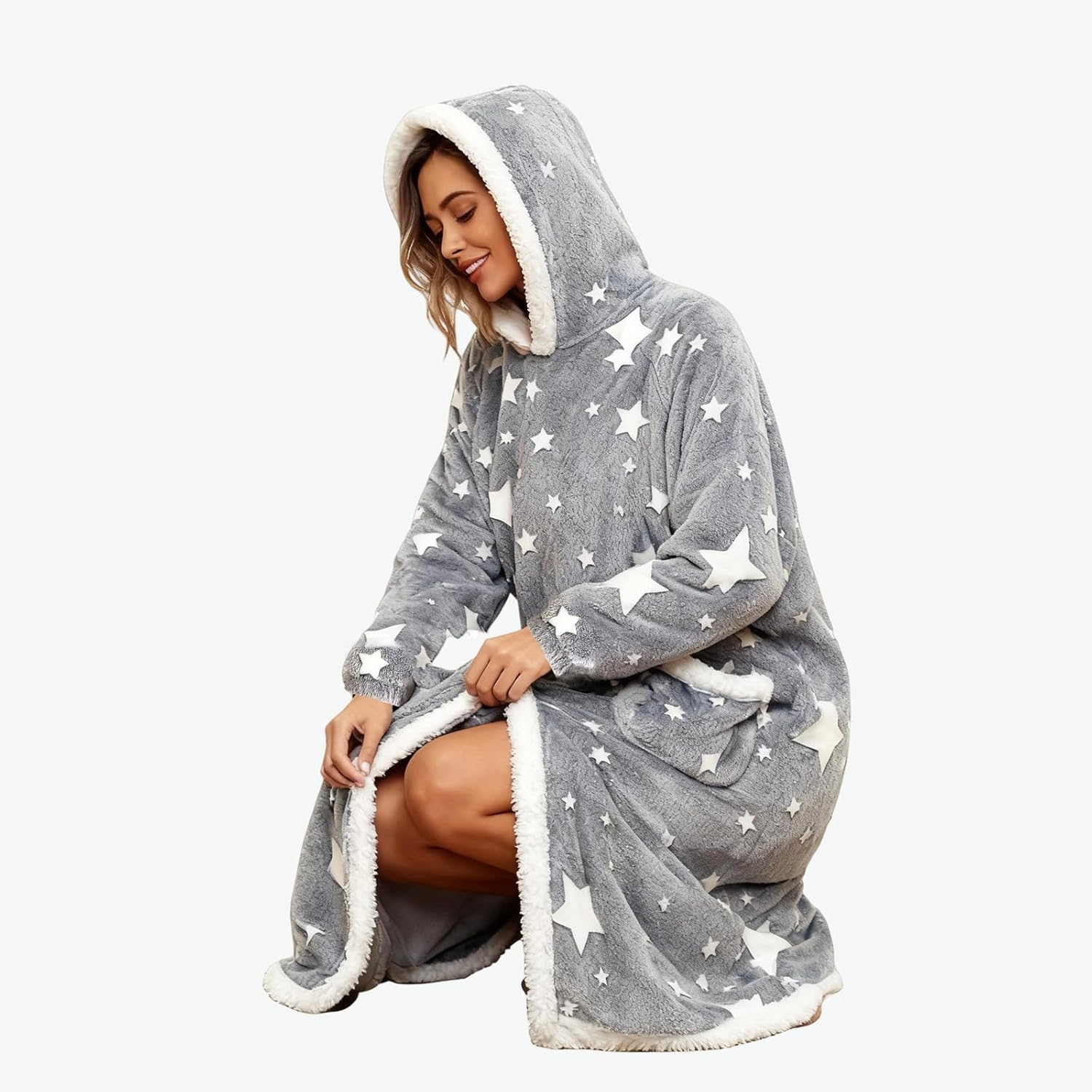 Oversized Wearable Hooded Blanket with Print Glow in The Dark Long Size(59in) Sherpa Warm Sweatshirt for Women