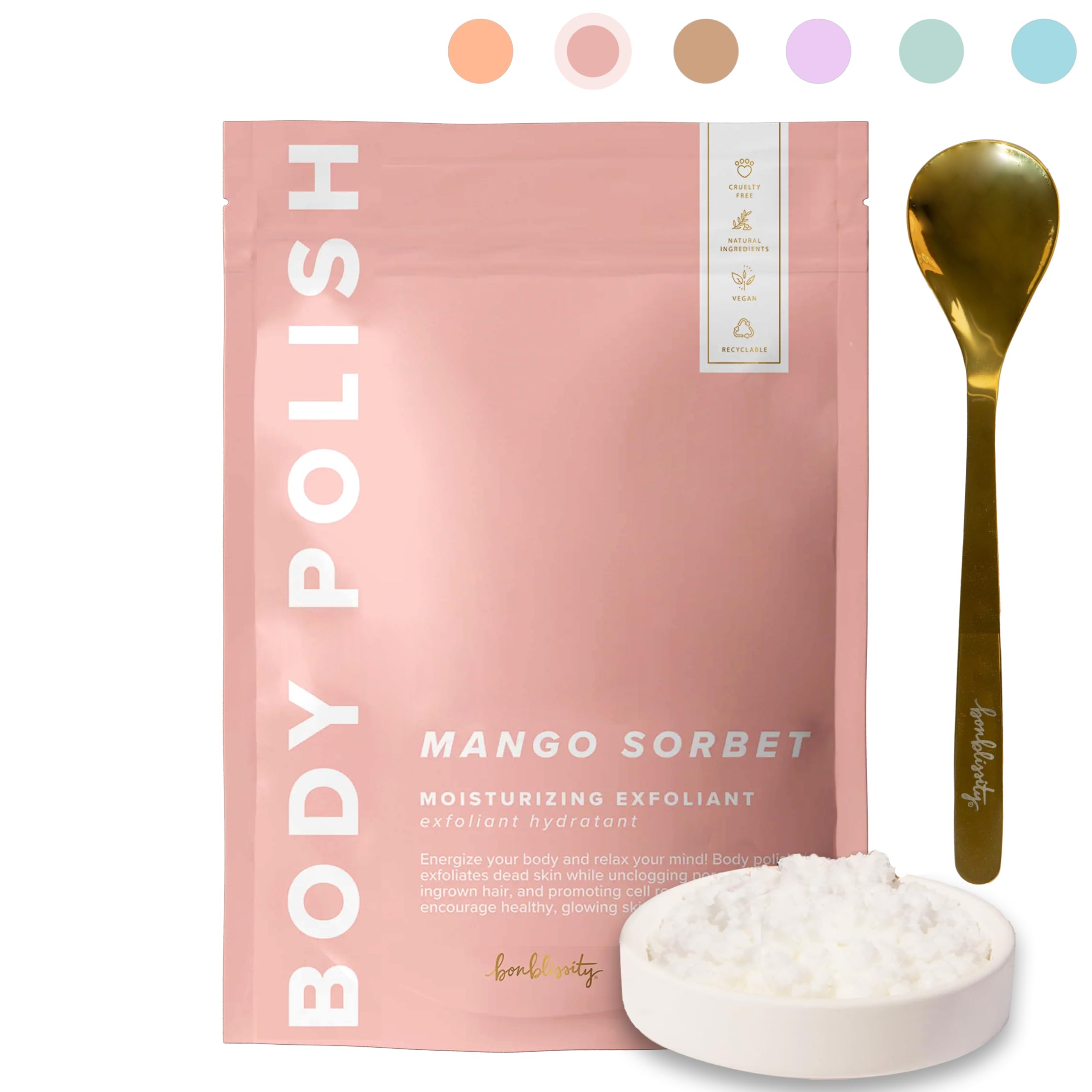 Bonblissity Body Polish, 8oz. - Mango Sorbet Scented Body Scrub Exfoliator for Women, Exfoliating Sugar Scrub To Lotion Moisturizer, Gentle Exfoliant for Dry and Sensitive Skin, Handmade in USA