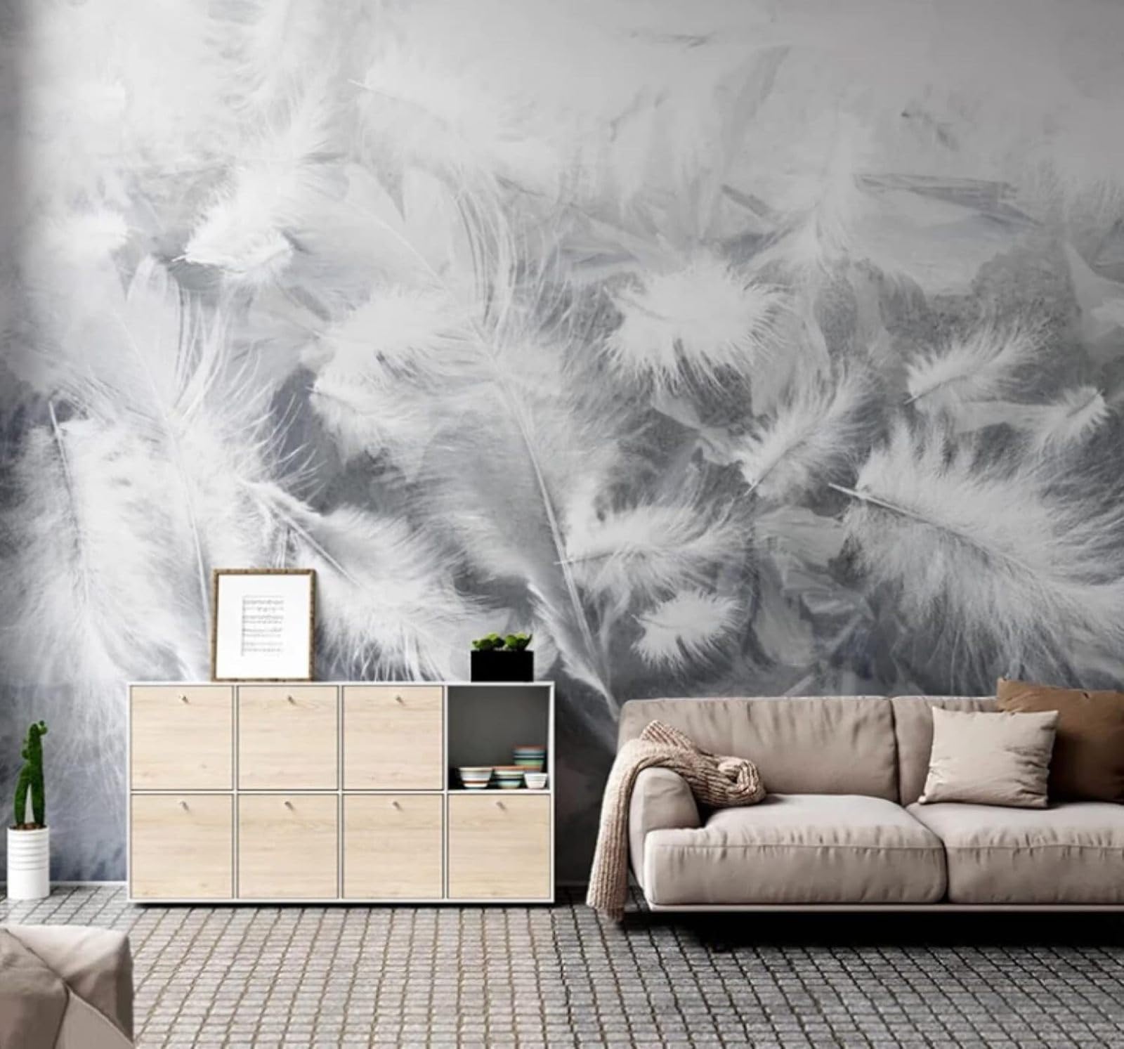 XLMING Minimalist Hand Drawn Three Dimensional White Feathers 3D Wallpaper Luxury Silk Study Dining Feature Sofa Grey Bedroom Living Room Tv Decorative Wall-400cm×280cm